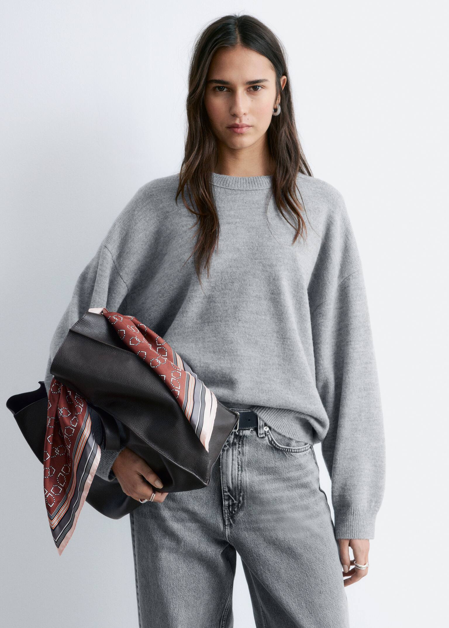 Oversized Wool Jumper - Grey Melange/Navy Blue/Light Turquoise/Red - 4
