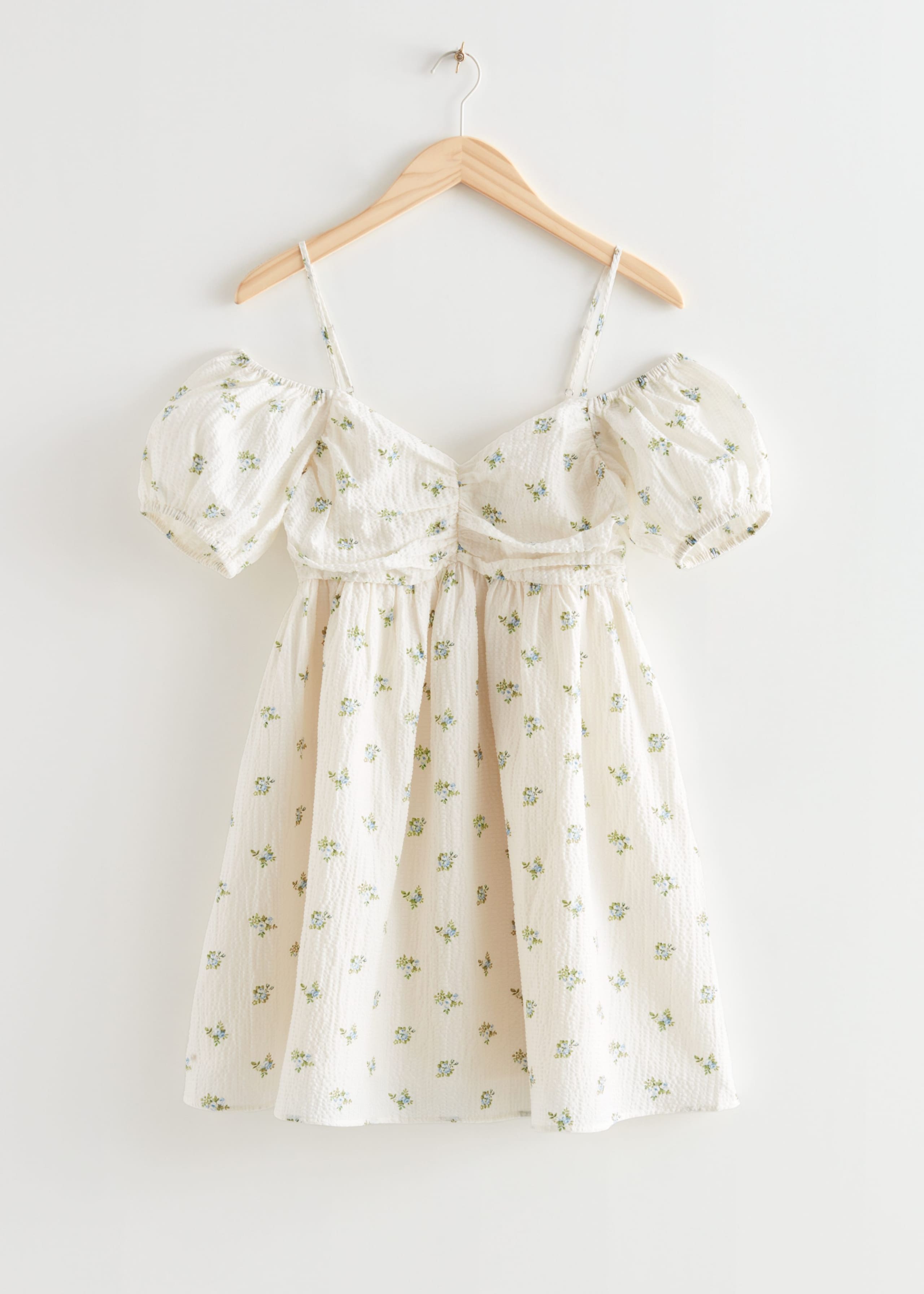 Off-Shoulder Seersucker Mini Dress - White Florals - Still Life