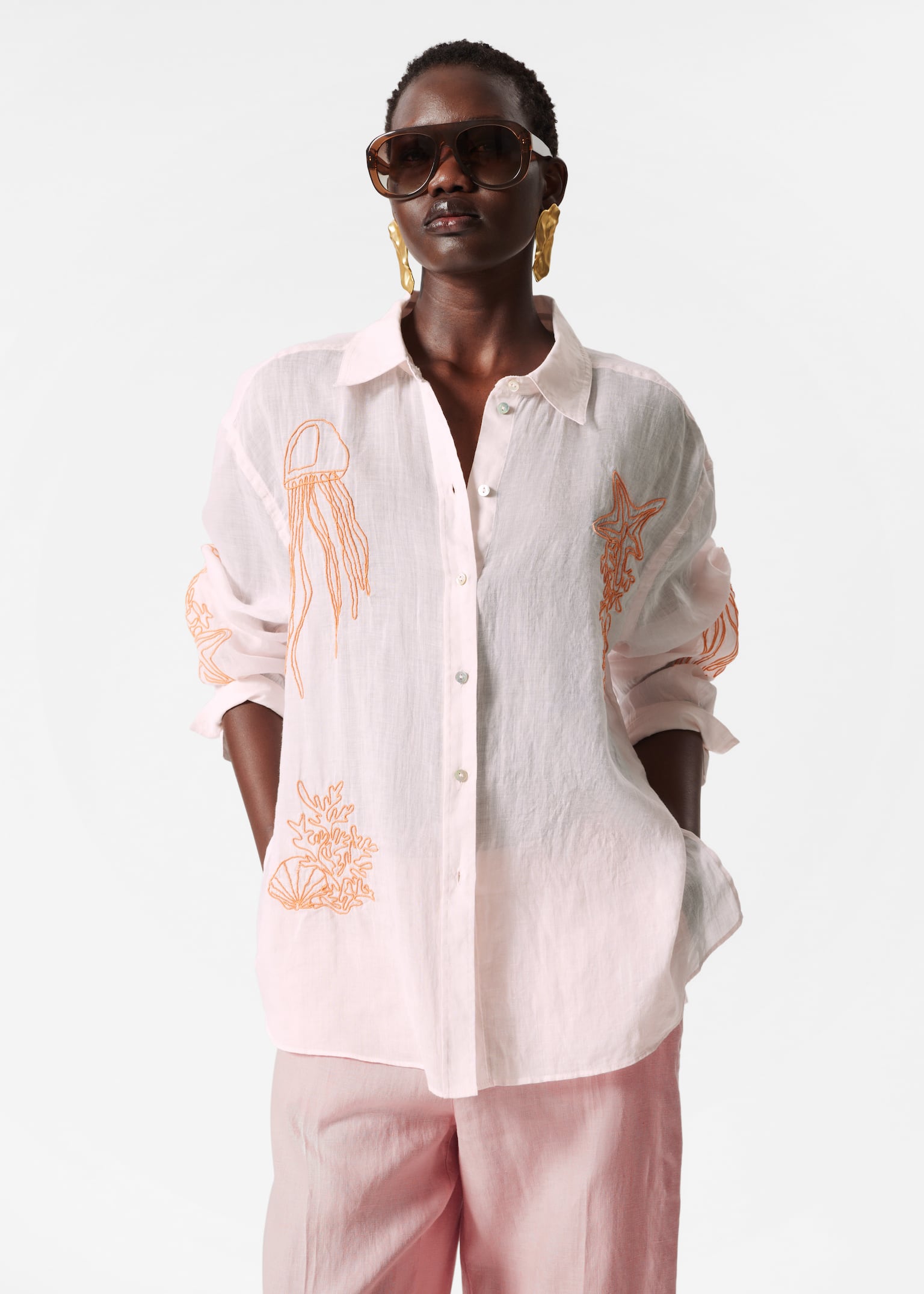 Embroidered Ramie Shirt - Pink