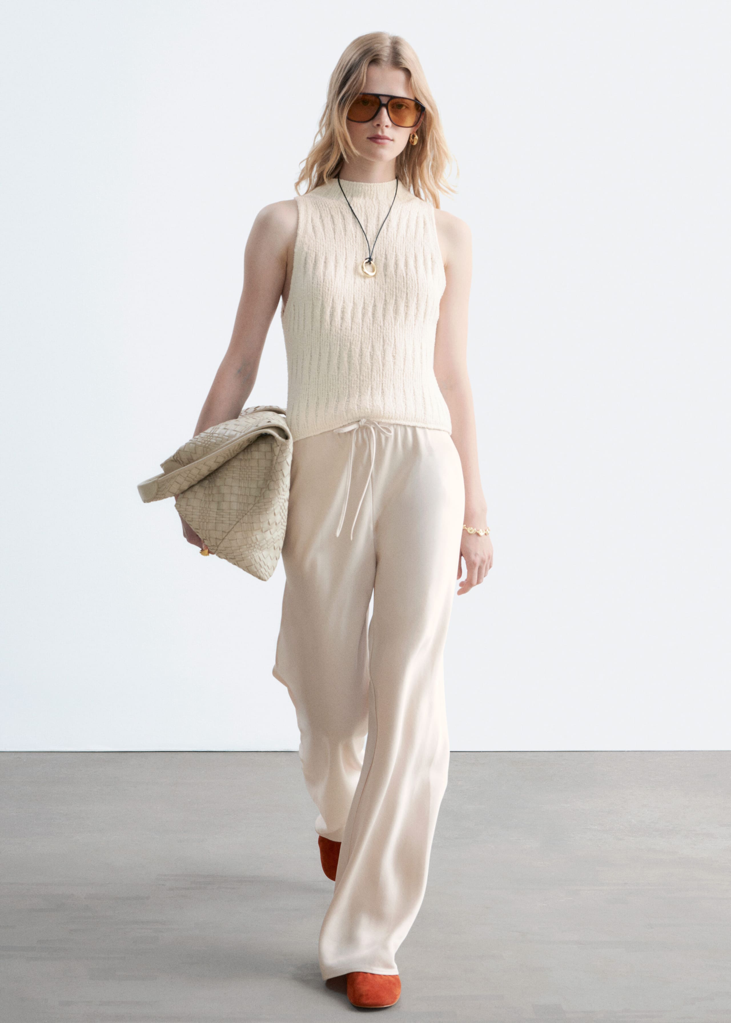 Satin Pull-On Trousers - Beige - Lookbook
