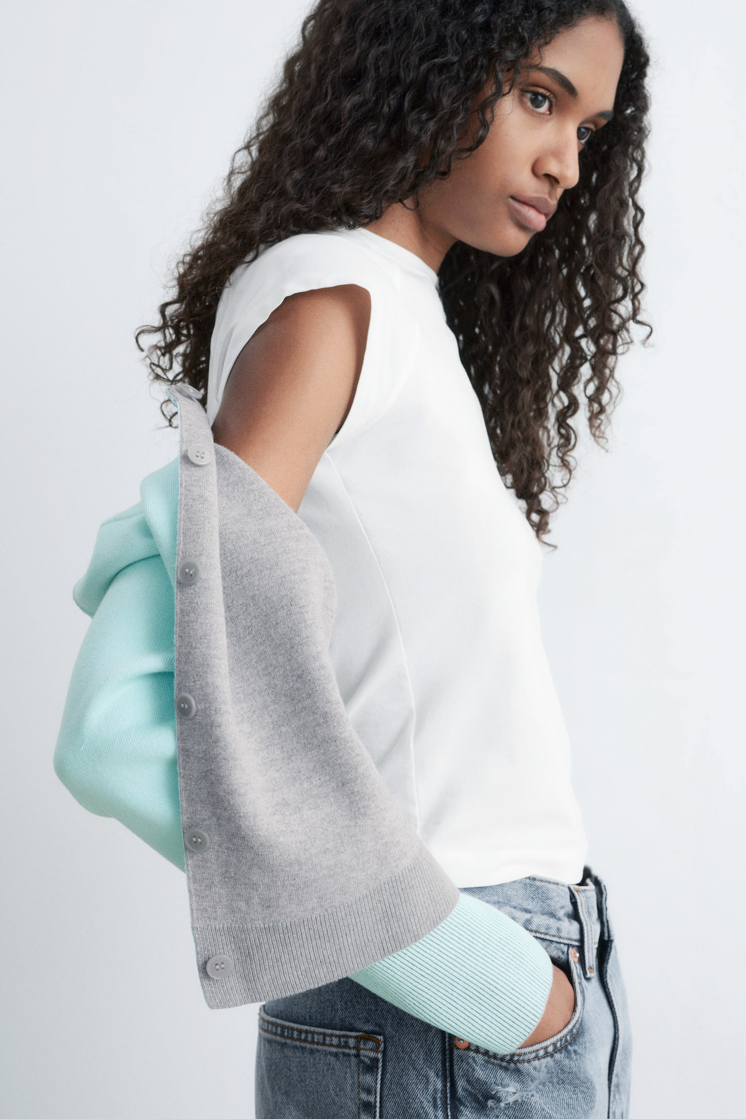 Zkrácený oboustranný kardigan - Šedá/tyrkysová - 6