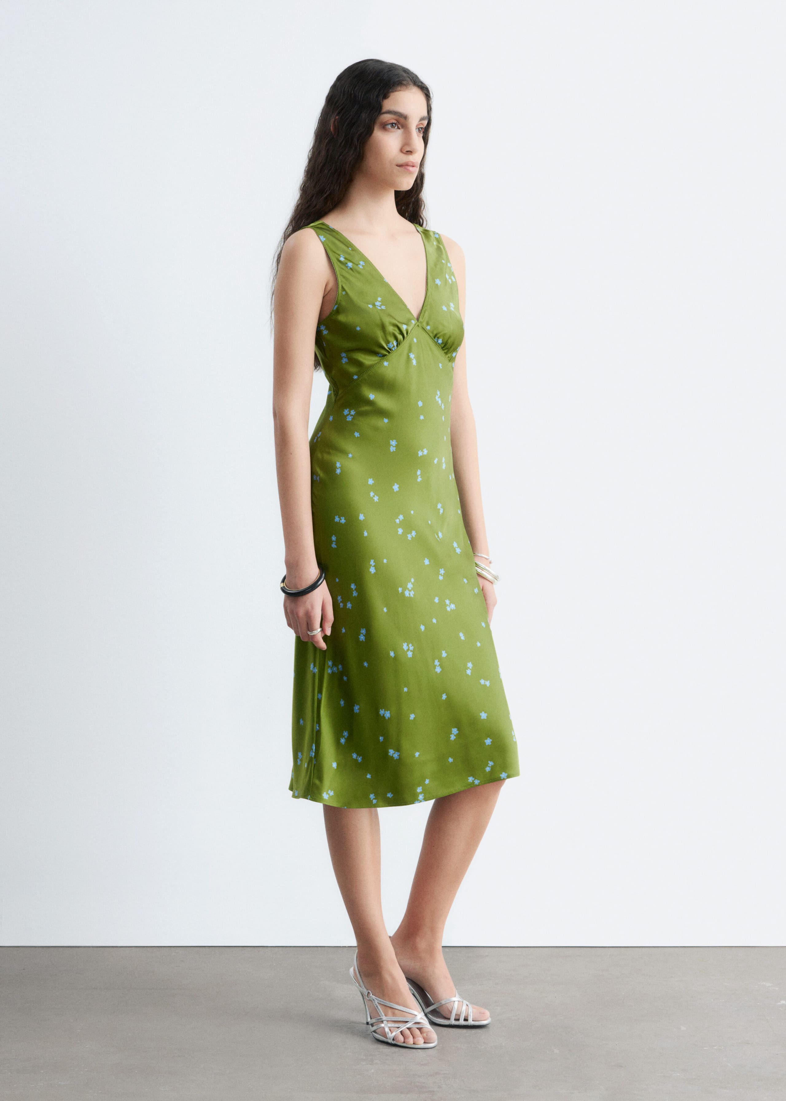 Floral V-Neck Midi Dress - Green/Blue Florals - Lookbook