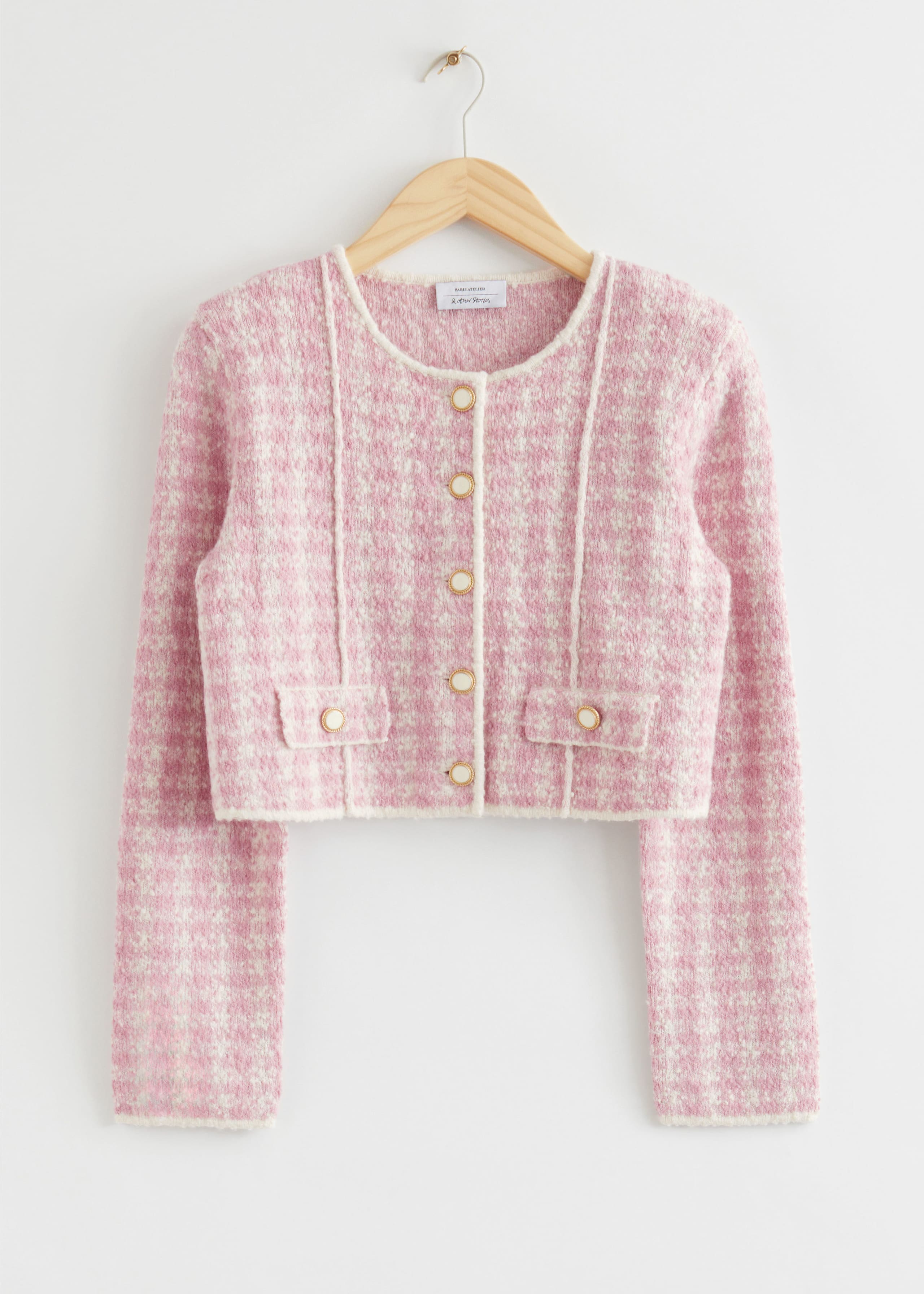 Short Tweed Padded Shoulder Jacket - Pink and White - Still Life