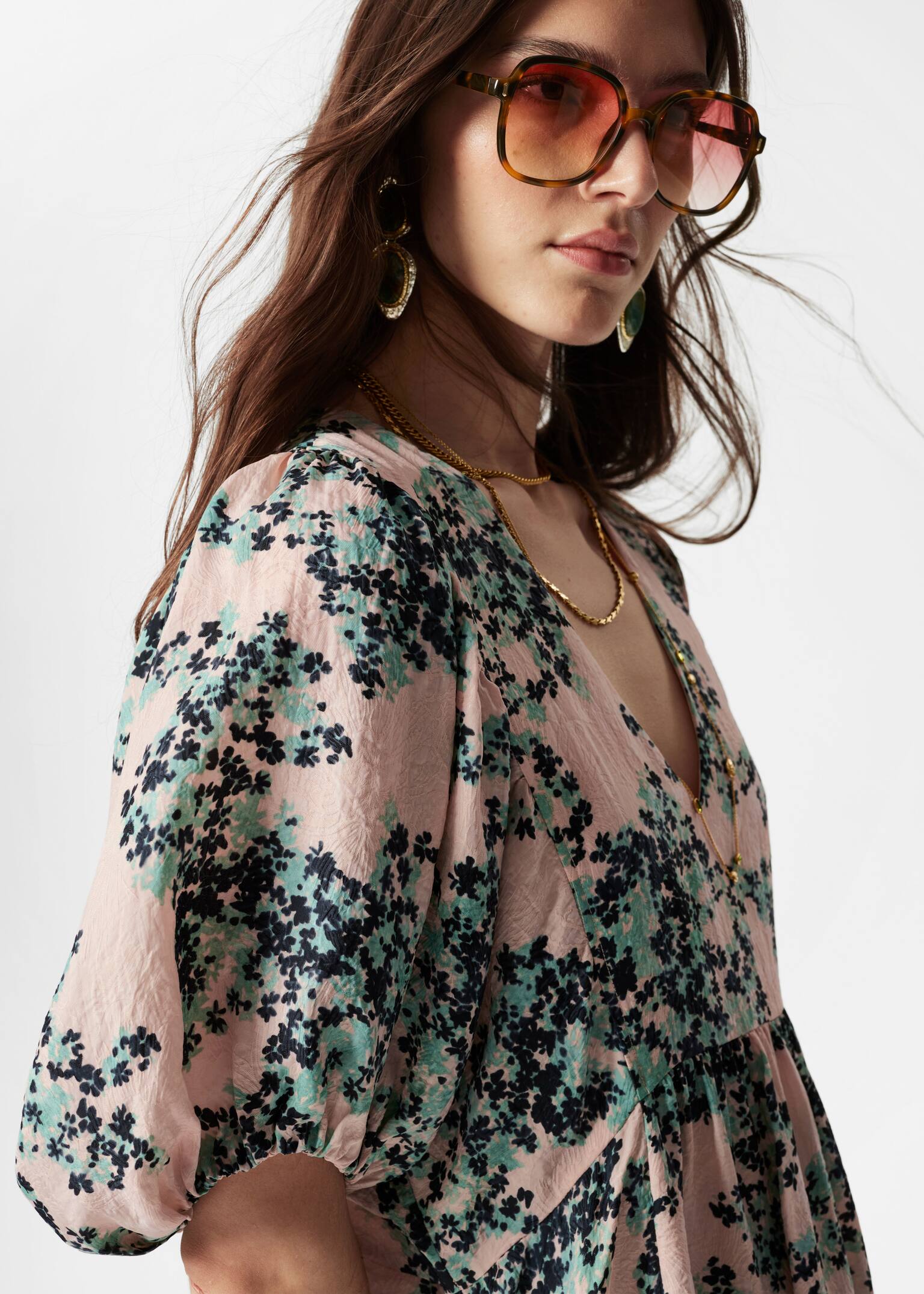 Robe longue à manches ballon - Motif floral pêche/vert/Pêche - 4