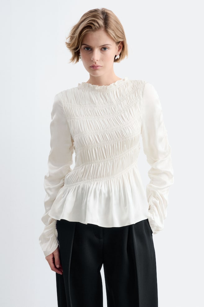 Blusa fruncida con nido de abeja - Blanco/Marrón/Estampado - 1