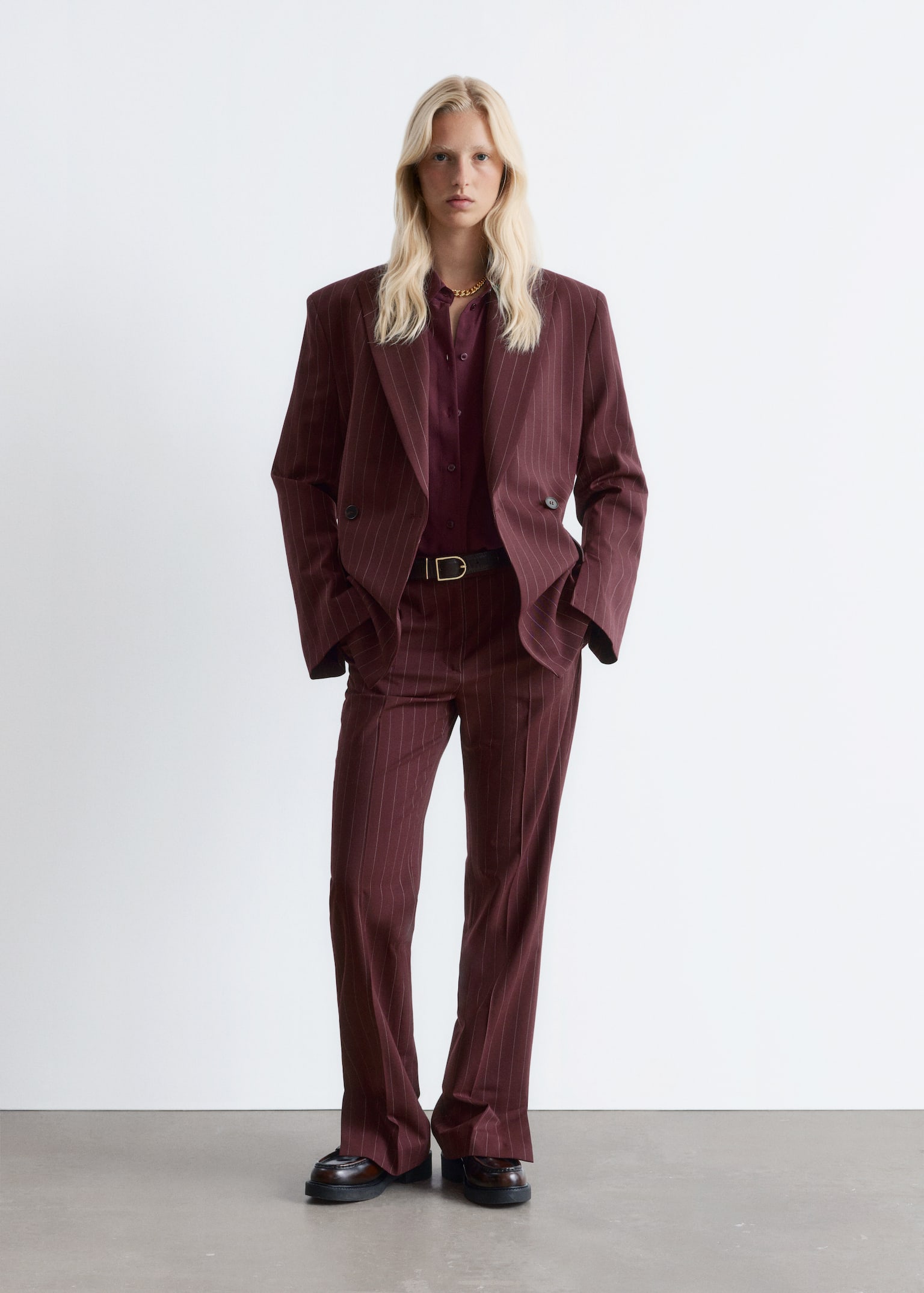 Double-Breasted Wool Blazer - Burgundy Pinstripe - 7