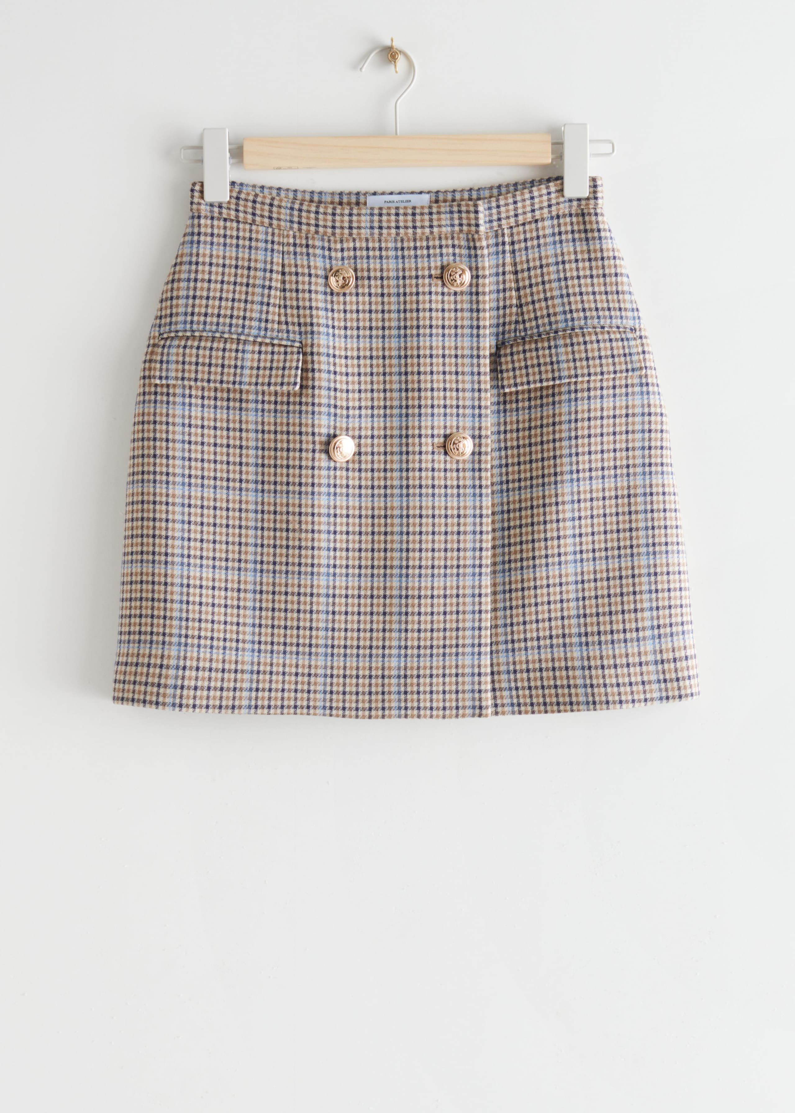 Buttoned Wrap Mini Skirt - Beige Checks - Still Life
