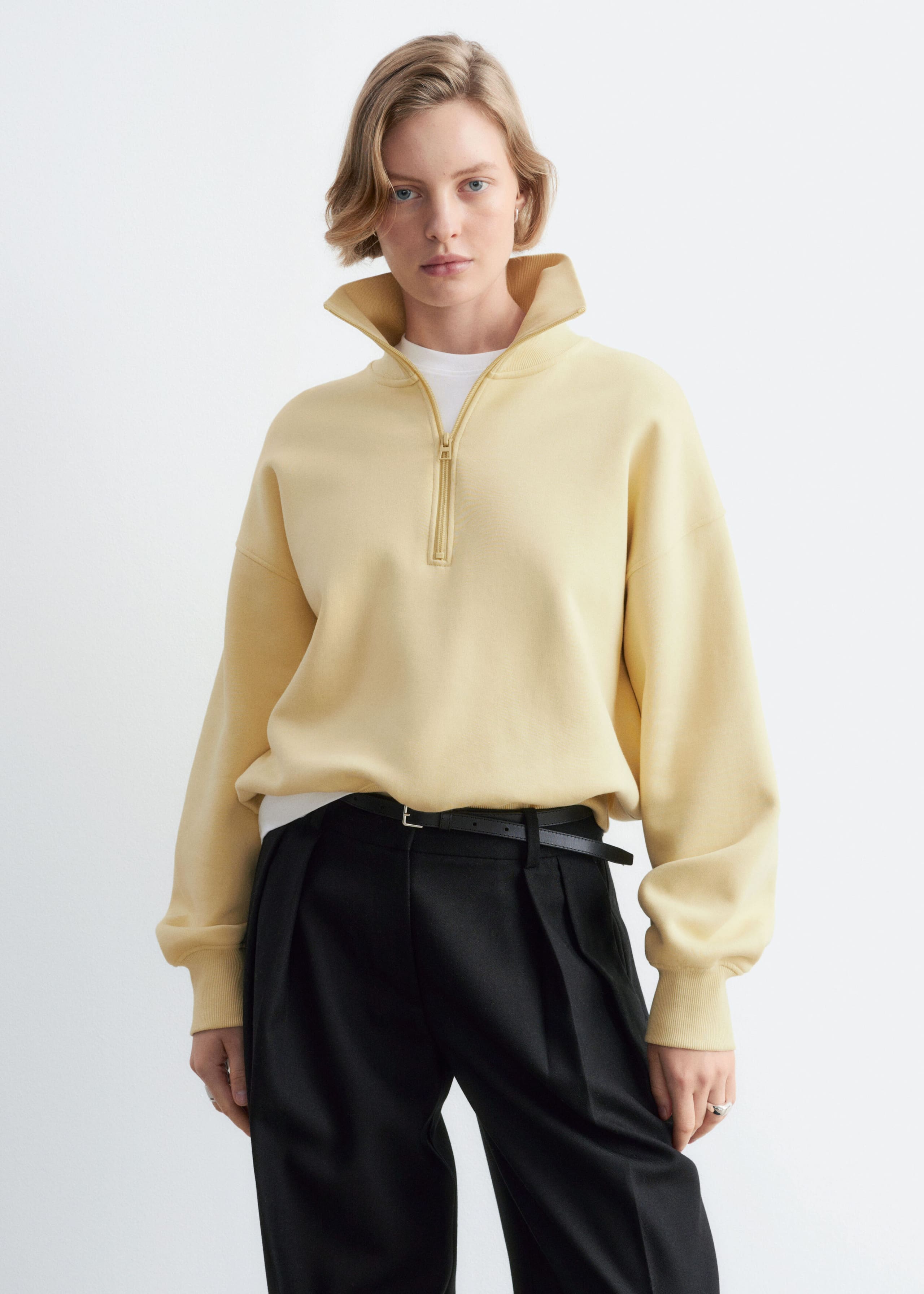 Half-Zip Cotton Sweatshirt - Cream - Lookbook