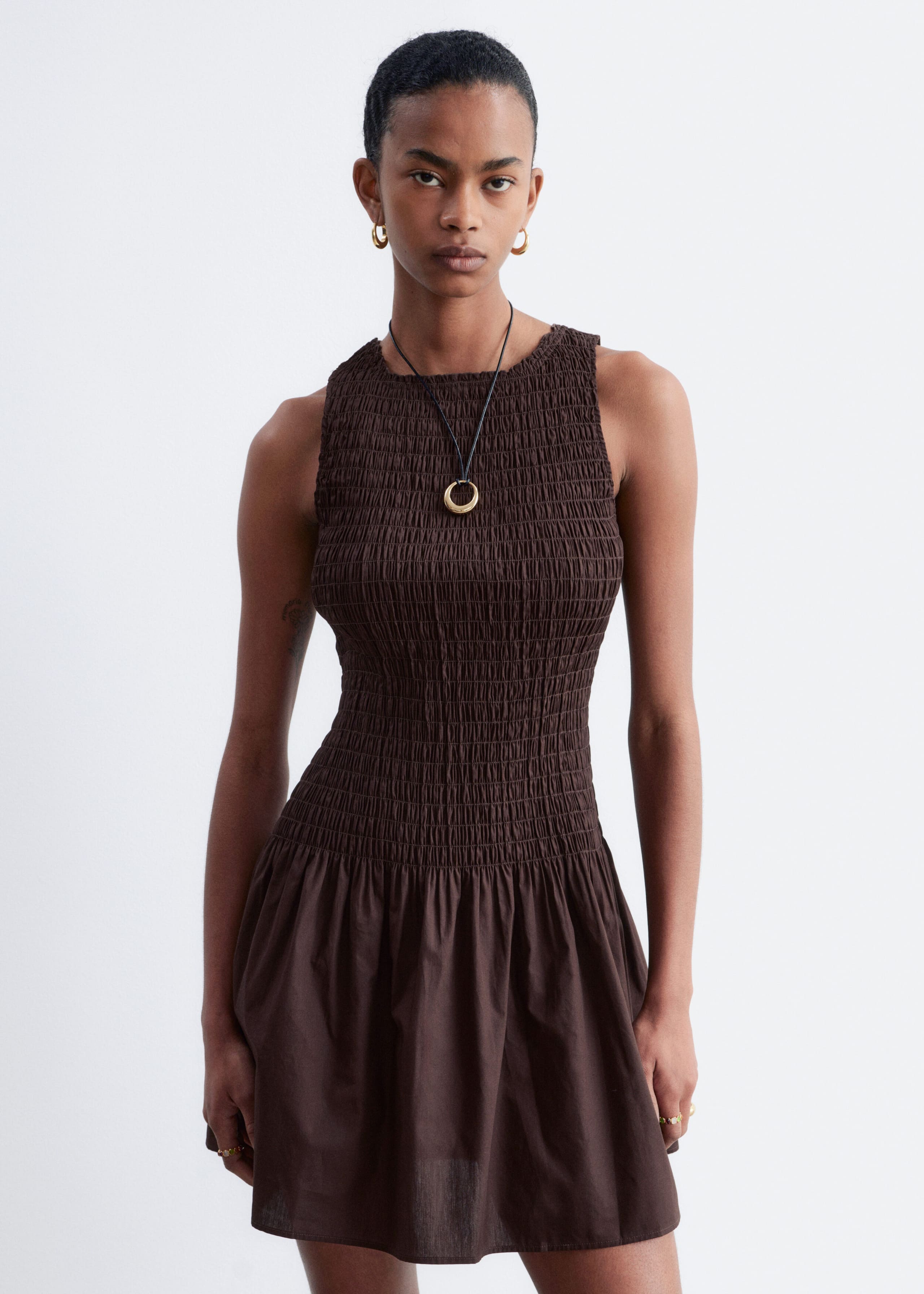 Smocked Cotton Poplin Mini Dress - Dark Brown - Lookbook