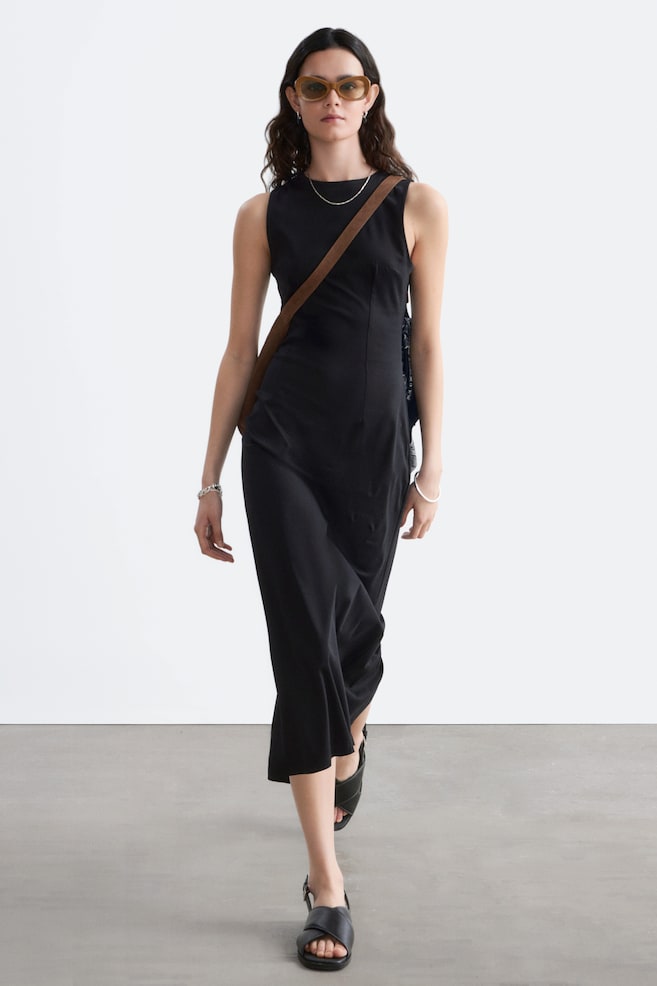 Vestido midi ajustado en punto de algodón - Negro - 1