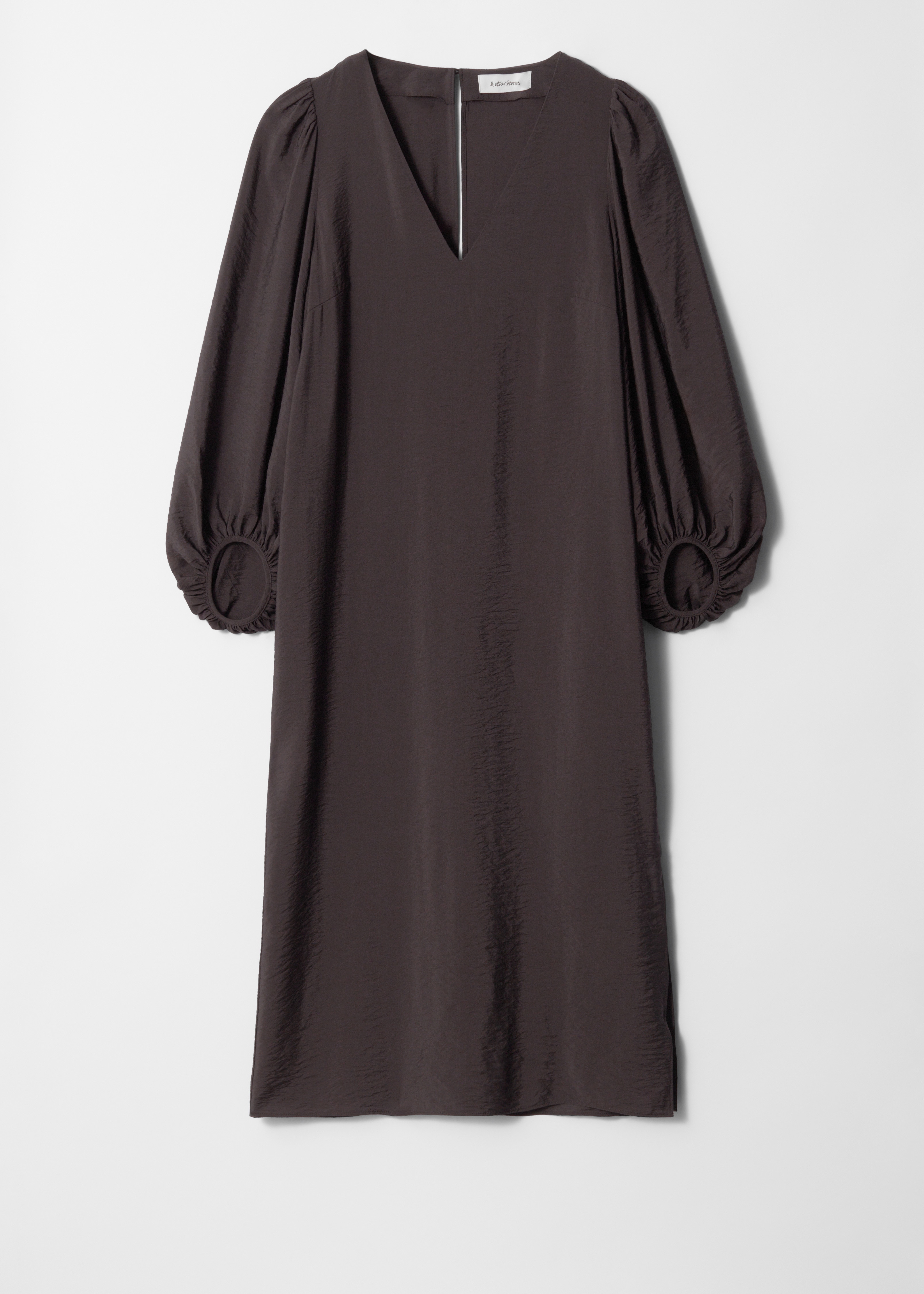 Robe midi à col en V et manches volumineuses - Marron foncé