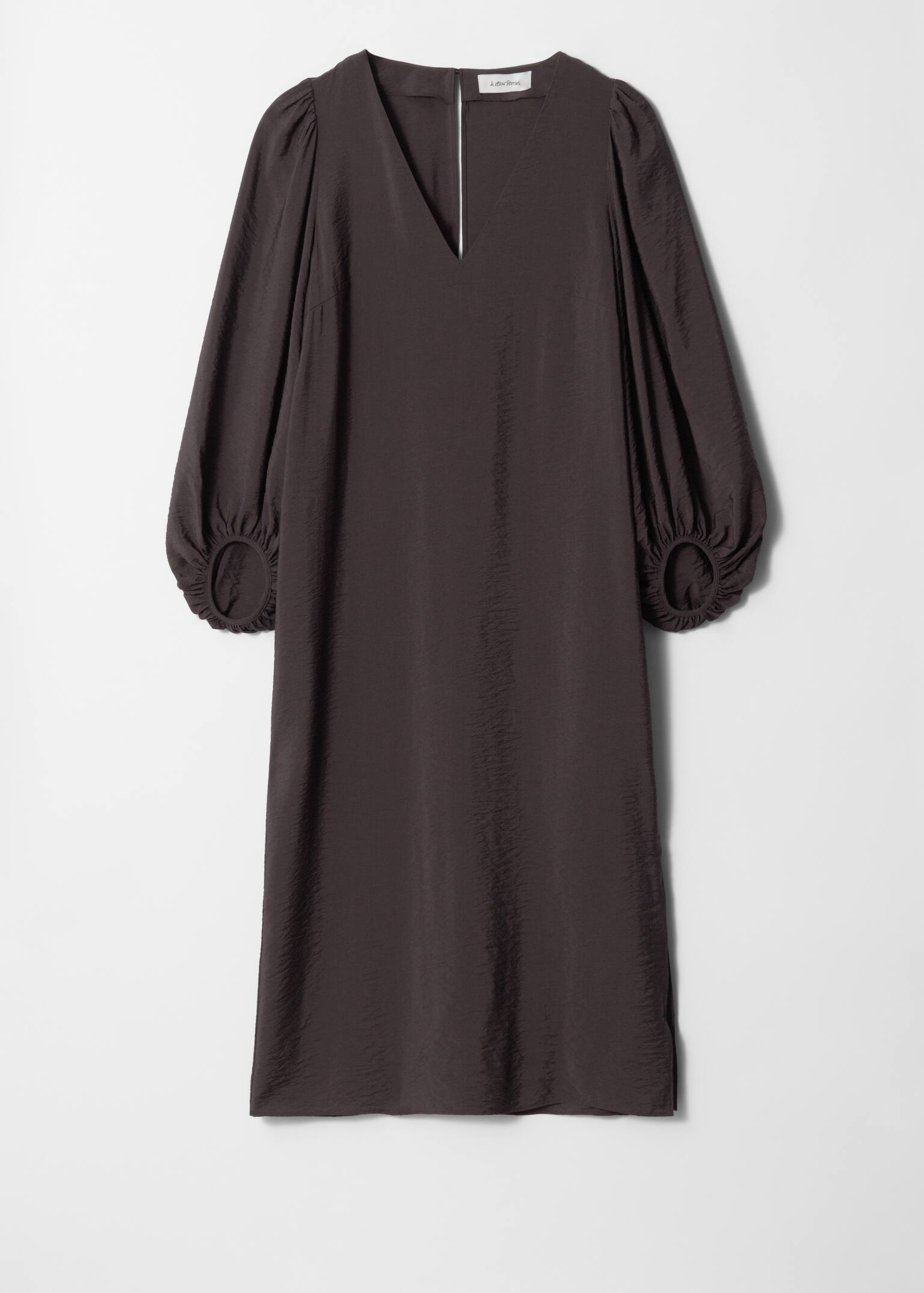 Vestido midi de escote en pico, mangas abullonadas - Marrón oscuro