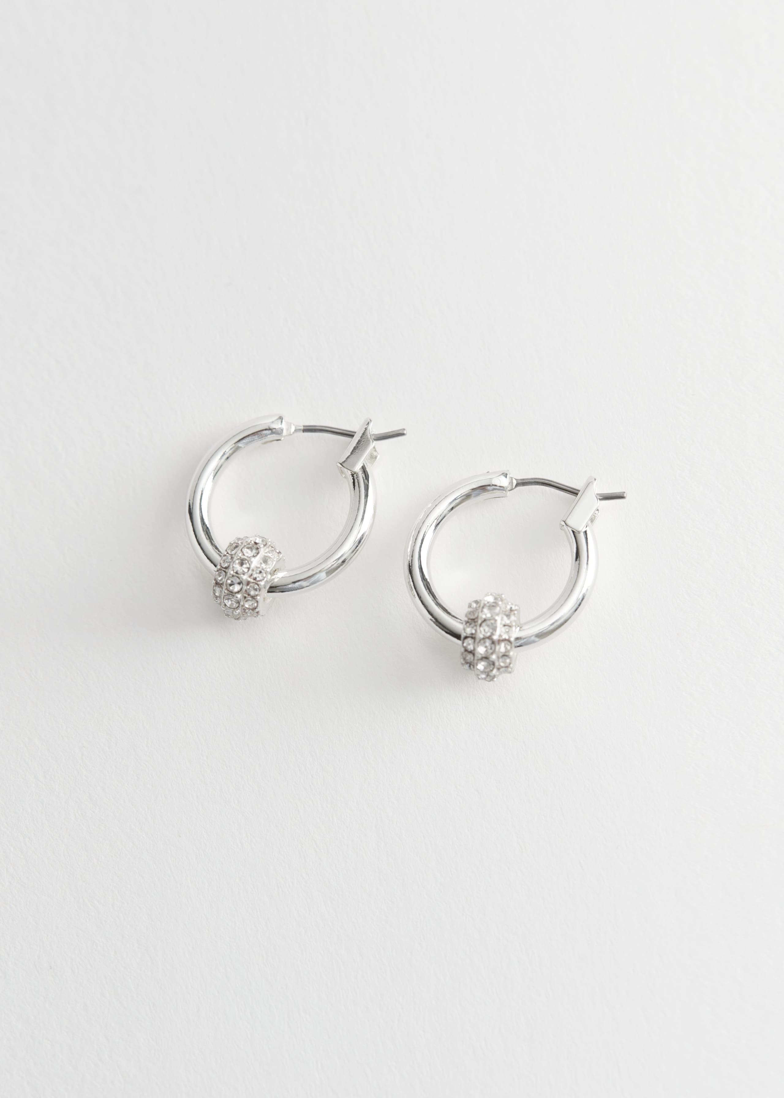 Rhinestone Charm Hooped Earrings - Silver - Still Life