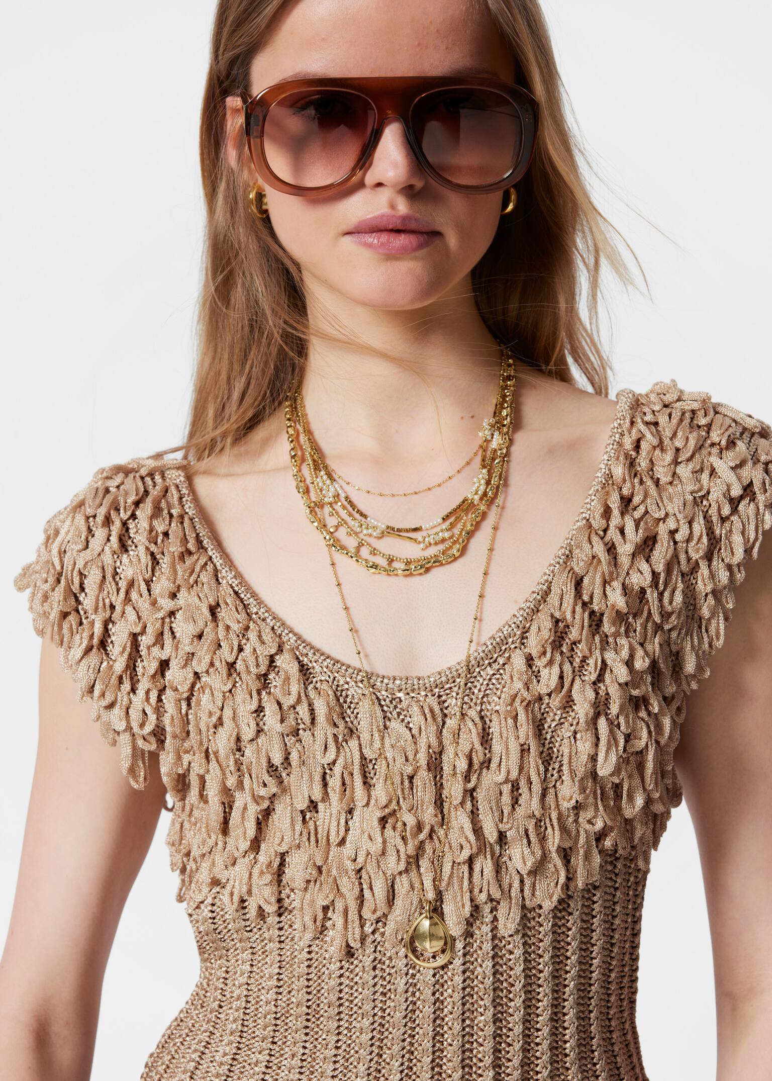 Top con lavorazione a coste e frange - Beige - 5