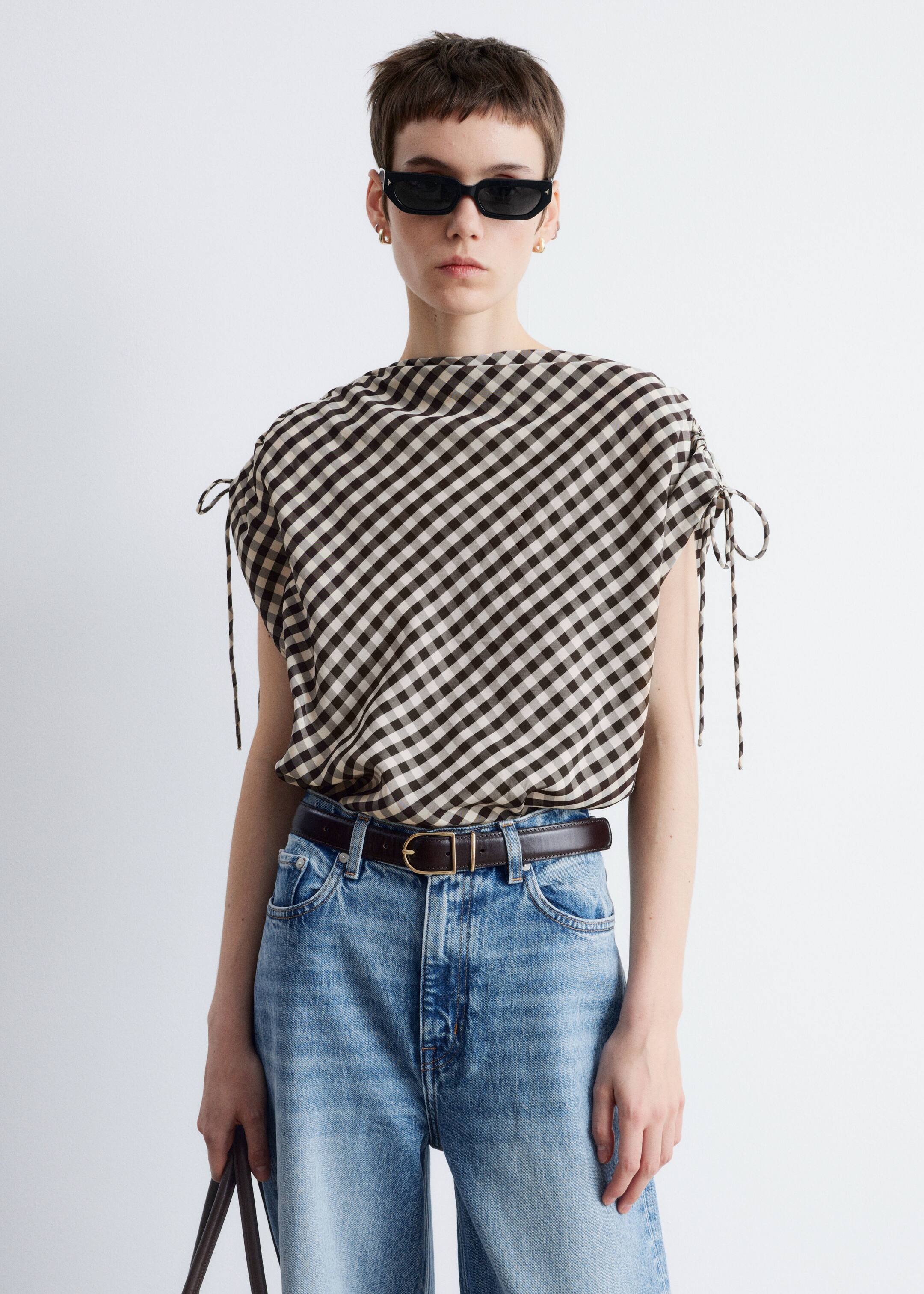 Grotere afbeelding bekijken: Top met trekkoord en boothals - Bruine/witte gingham-ruit - DAMES | H&M BE 3