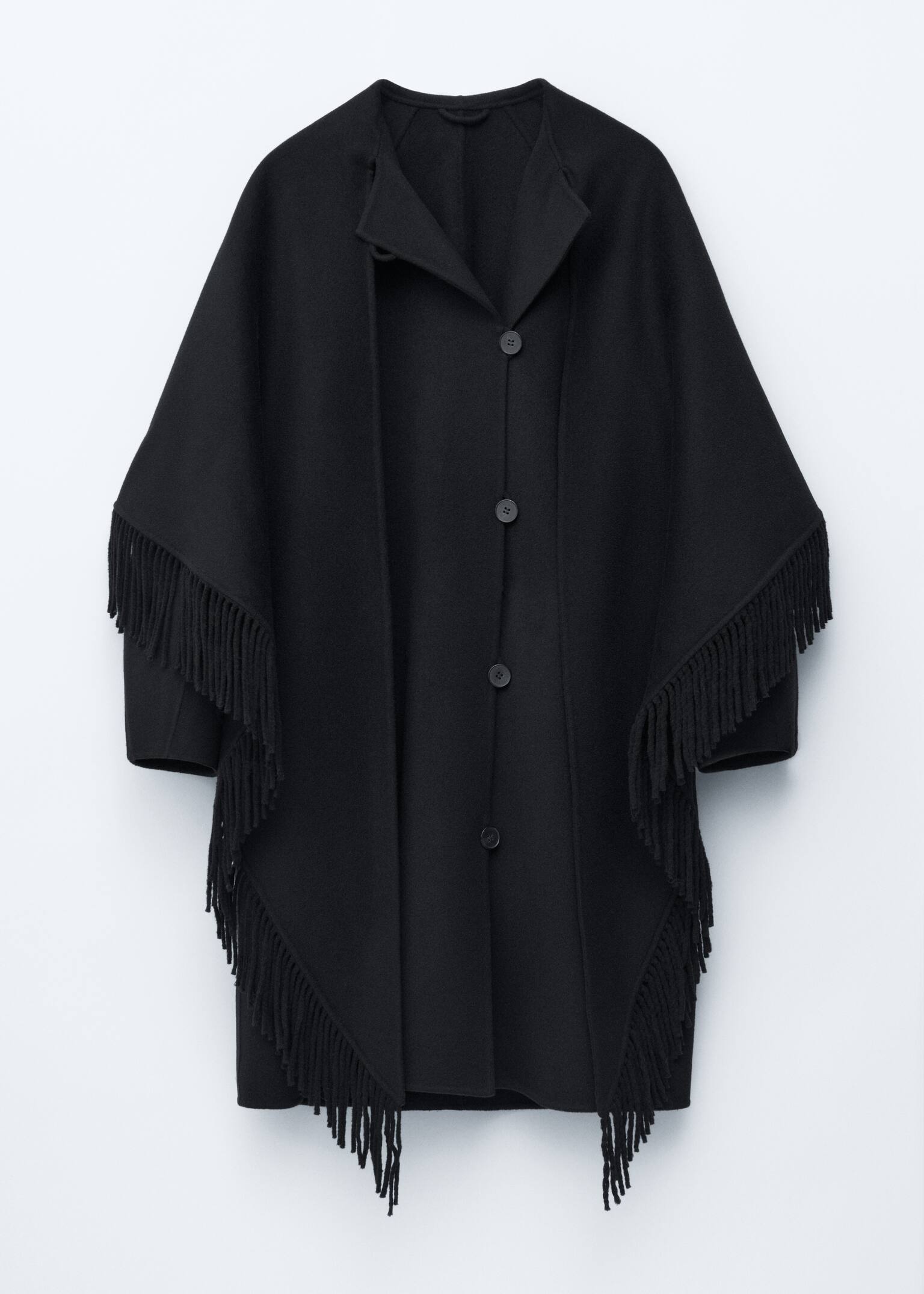 Fringed Shawl Wool Coat - Black - 2