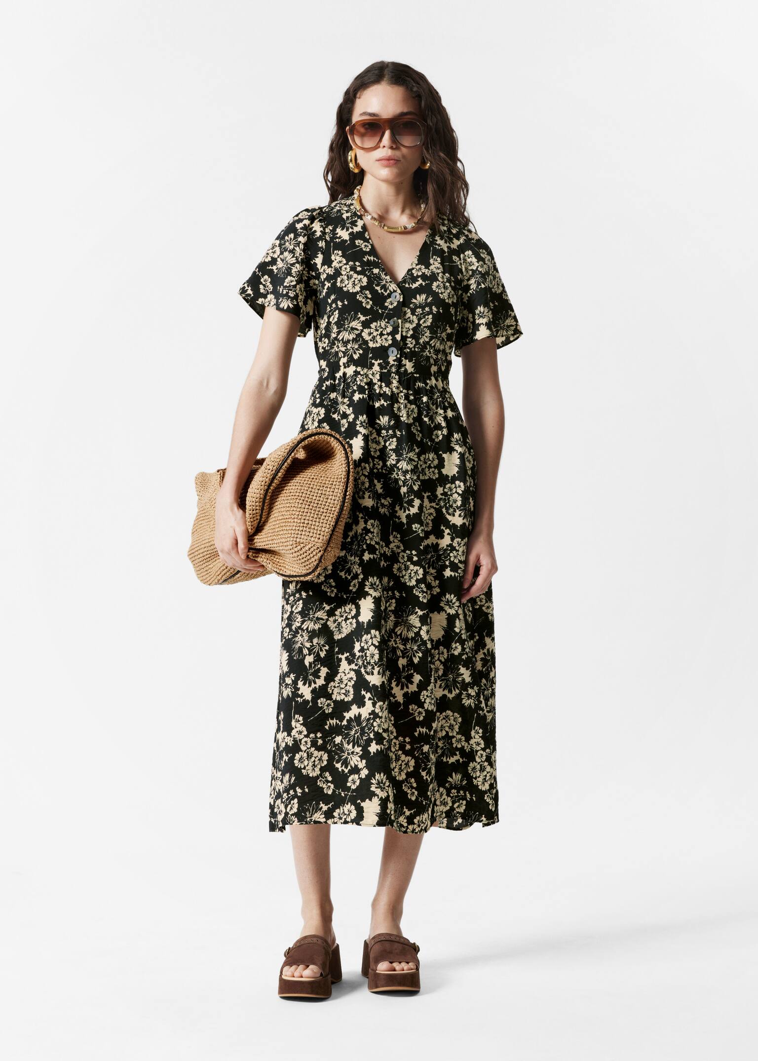 Rochie midi cu mâneci fluture - Black Print/Navy Print/Negru/Red/White/Beige Print - 1
