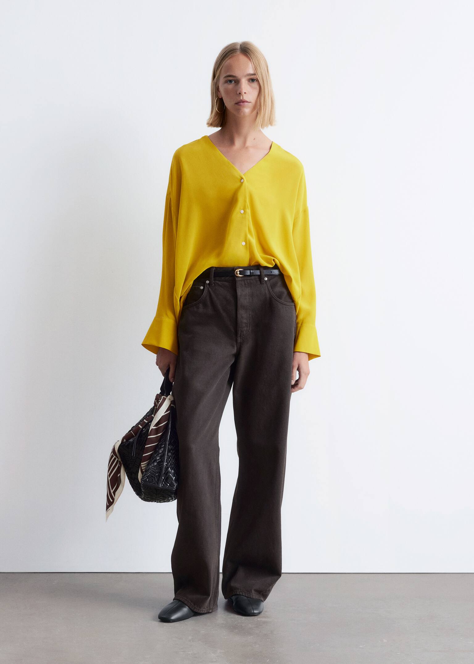 Oversized V-Neck Silk Blouse - Bright Yellow - 5