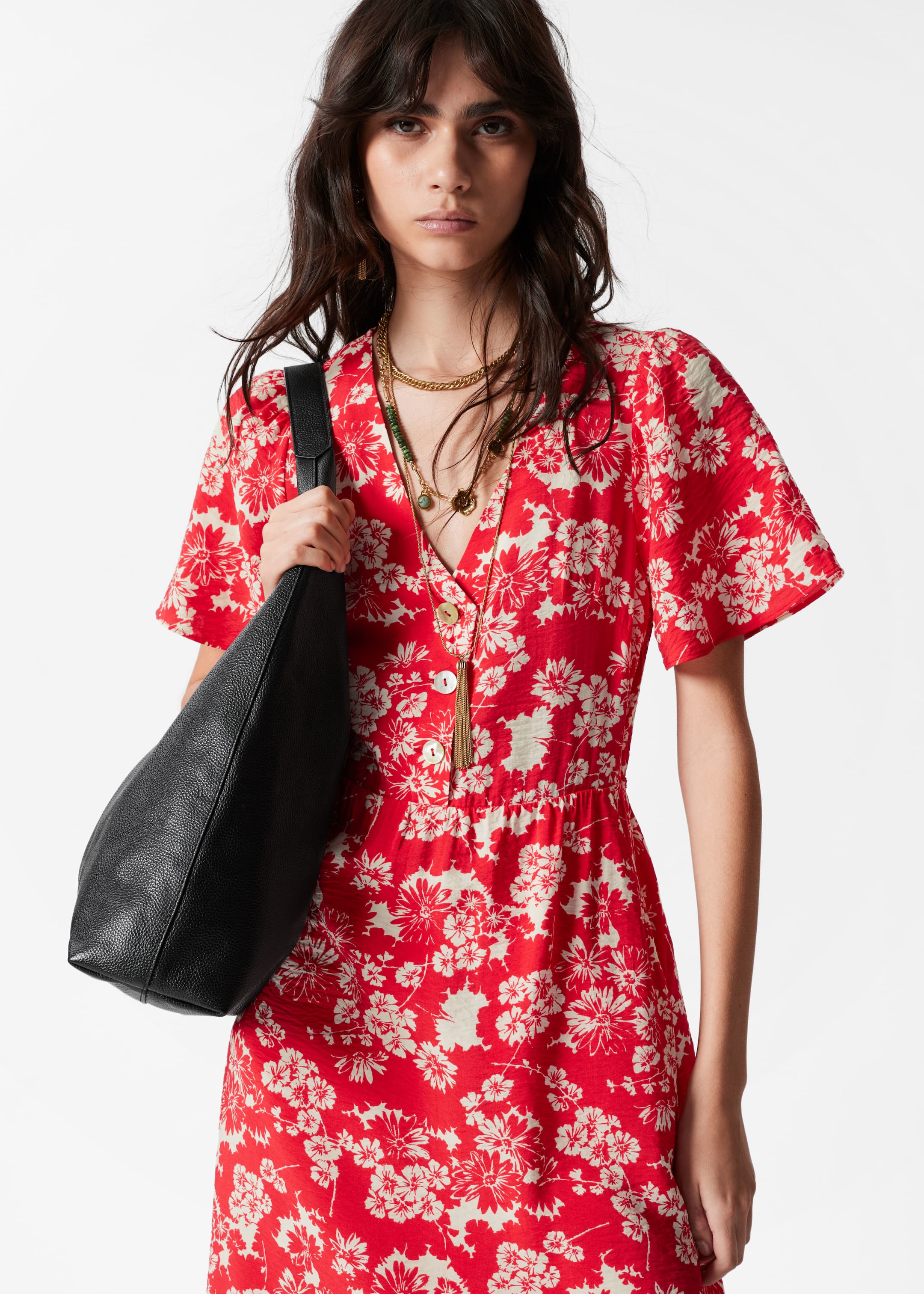 Ver imagen más grande: Vestido midi con mangas abullonadas - Rojo/Blanco - MUJER | H&M ES 3