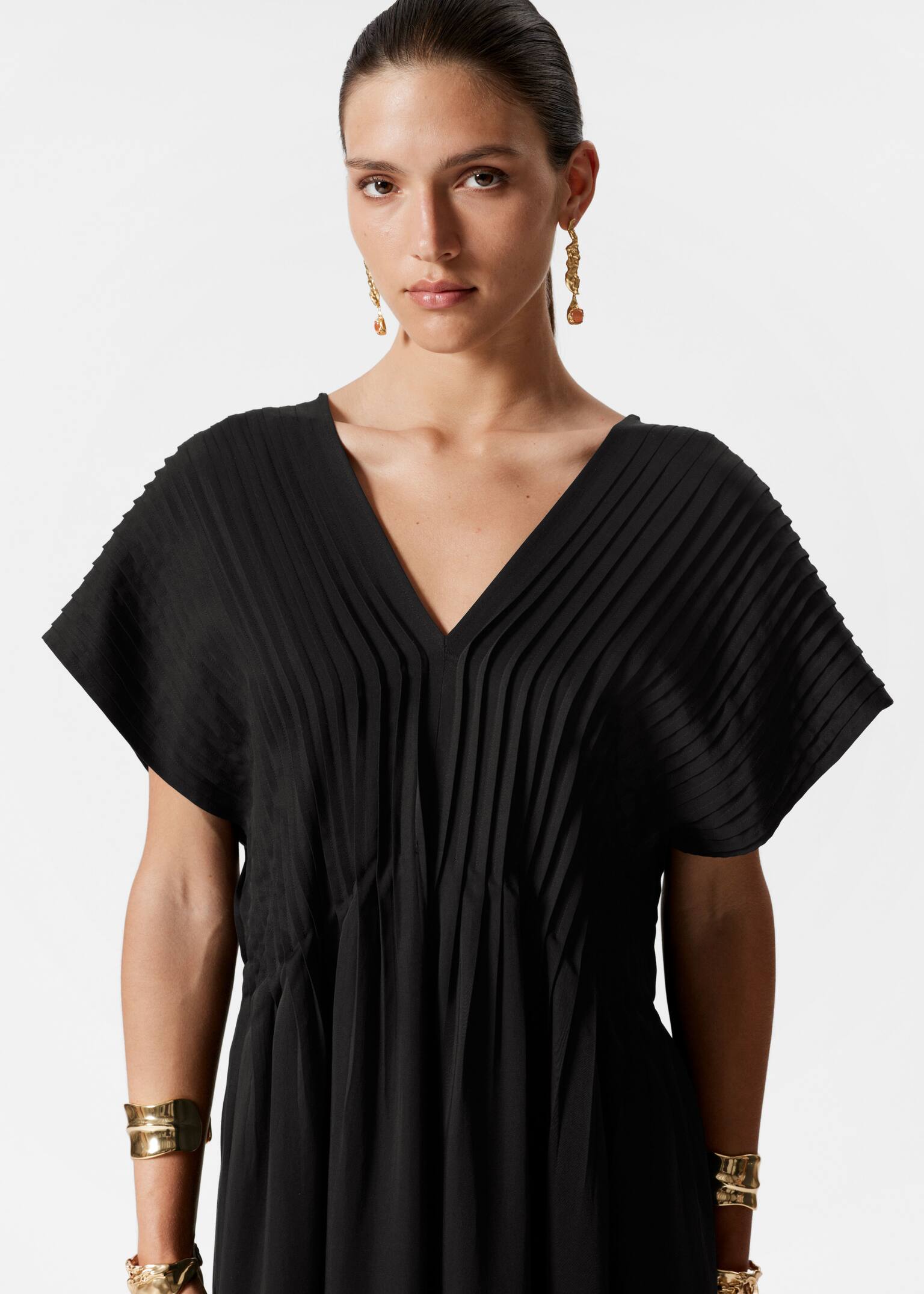Pleated Dolman Midi Dress - Μαύρο/Σκούρο Μωβ - 4