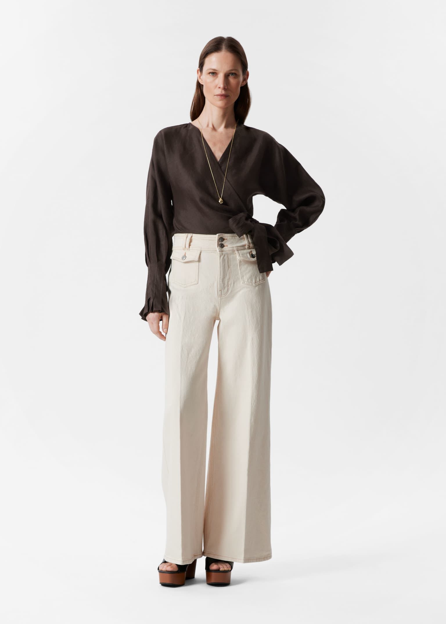 Blusa a portafoglio in lino - Marrone scuro/Blu polvere - 3