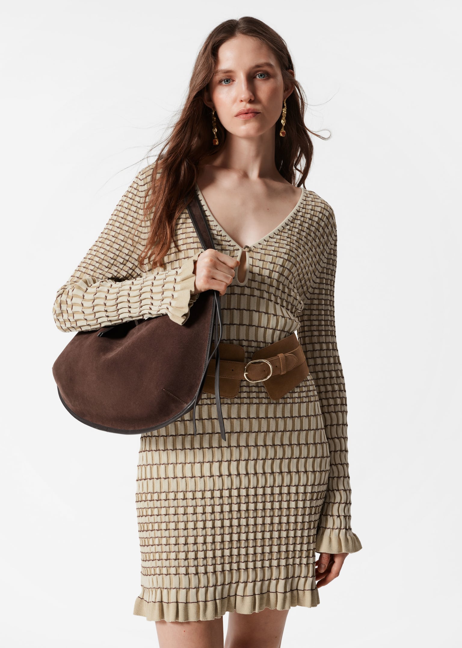Langärmliges Mini-Strickkleid - Beige/Gemustert - 4