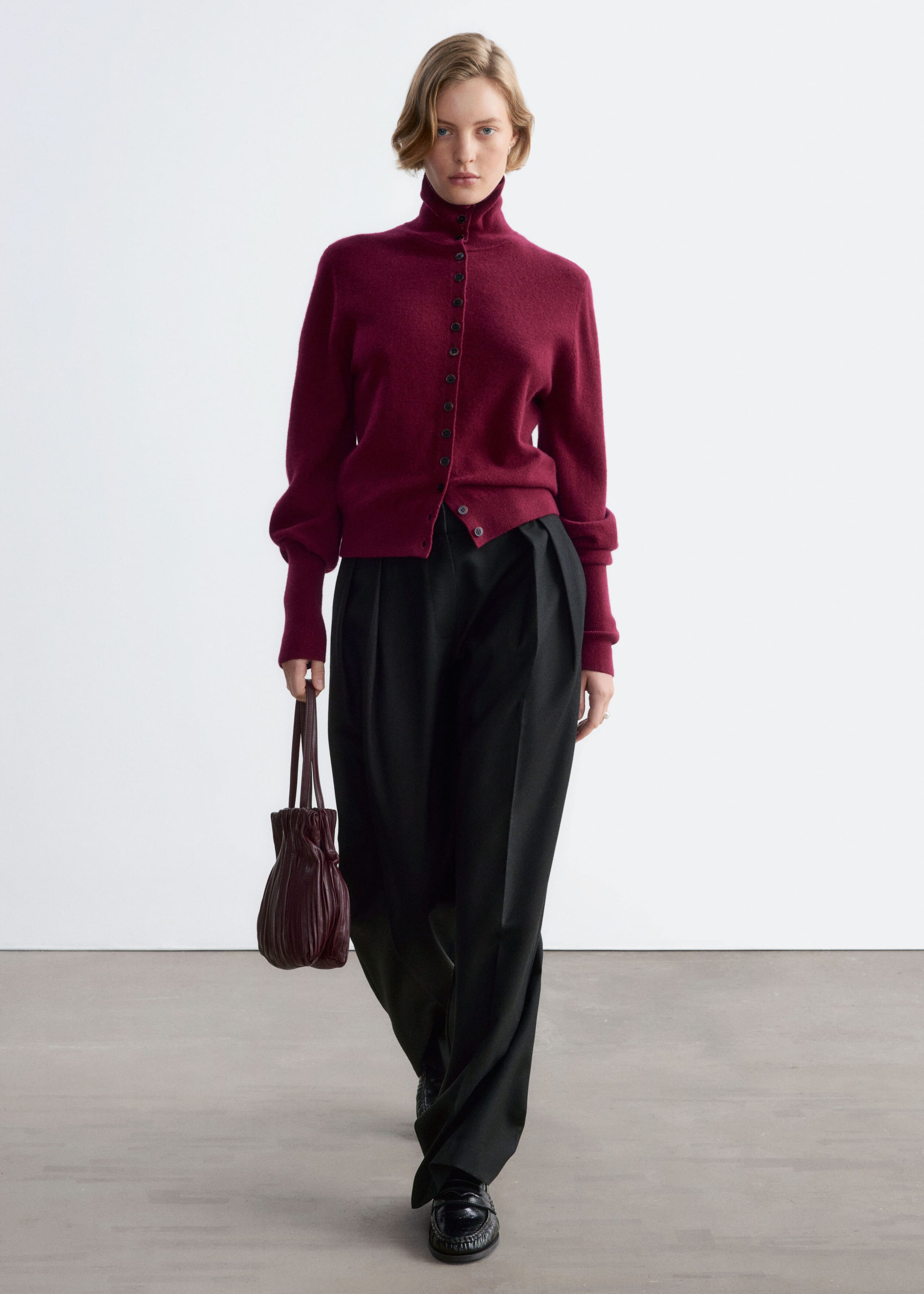 High-Neck Wool Cardigan Burgundy