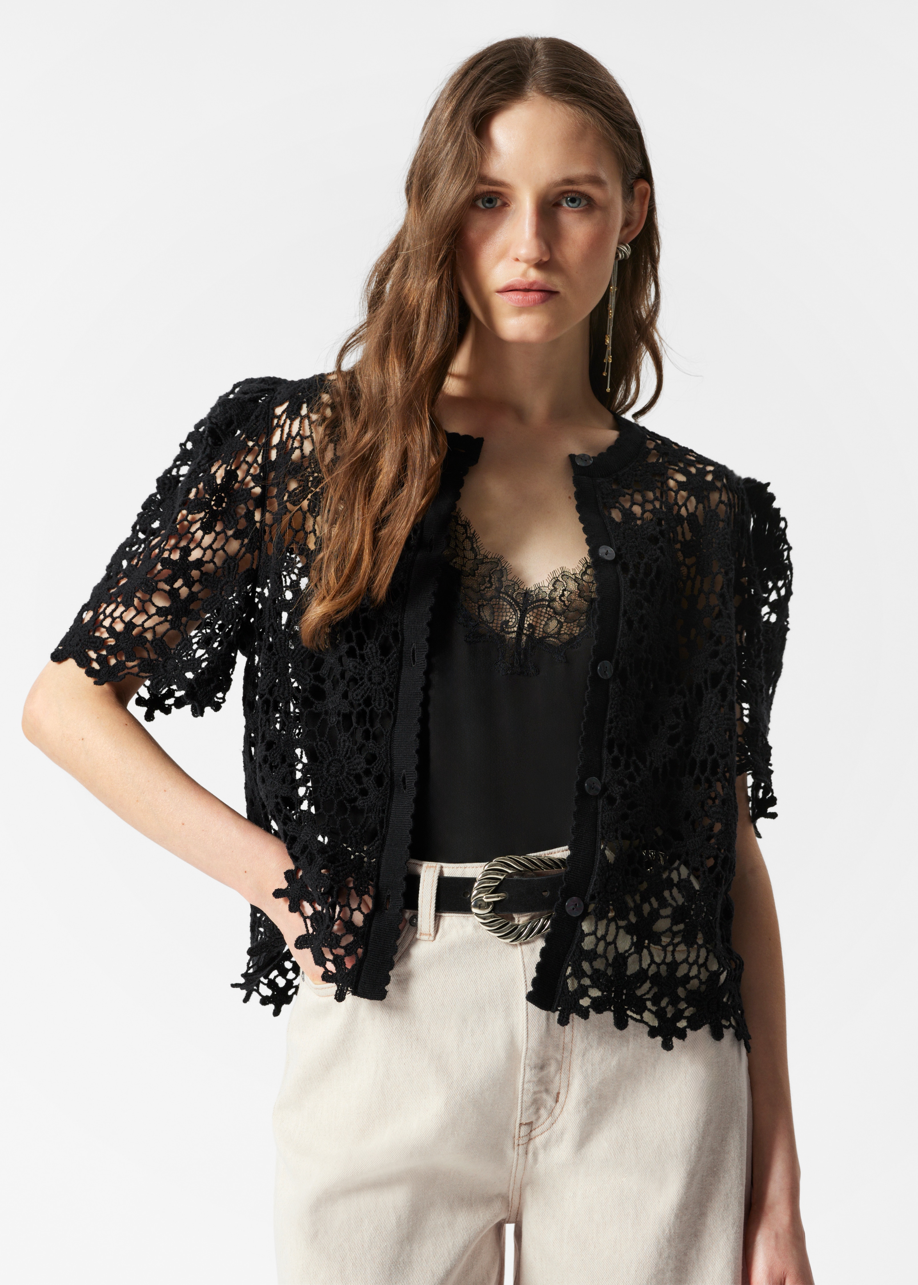 Szydełkowy kardigan z krótkim rękawem - Czarny/Biały