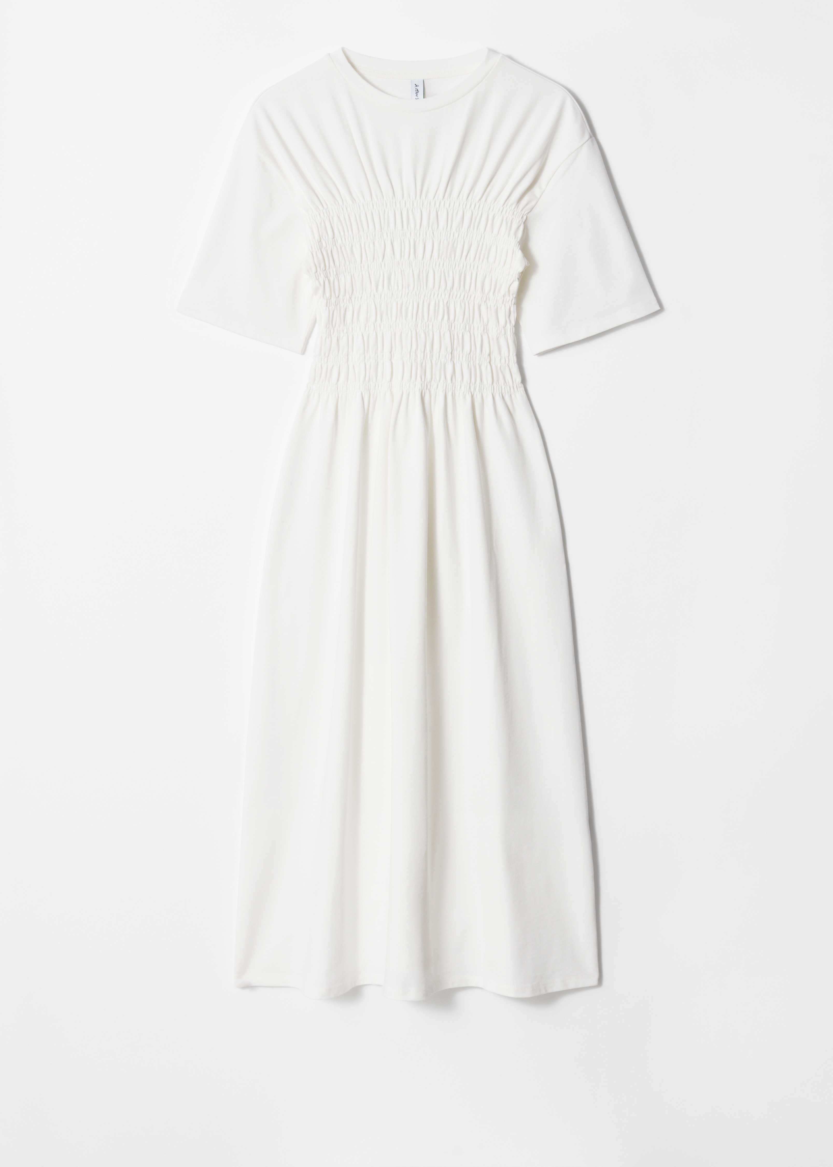 Vestido midi fruncido con nido de abeja - Blanco/Negro/Violeta oscuro