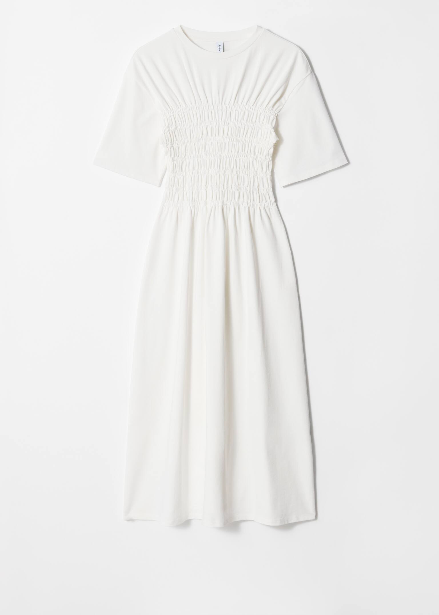 Vestido midi fruncido con nido de abeja - Blanco - 2