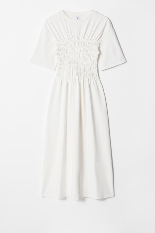 Smocked Midi Dress - White - 1