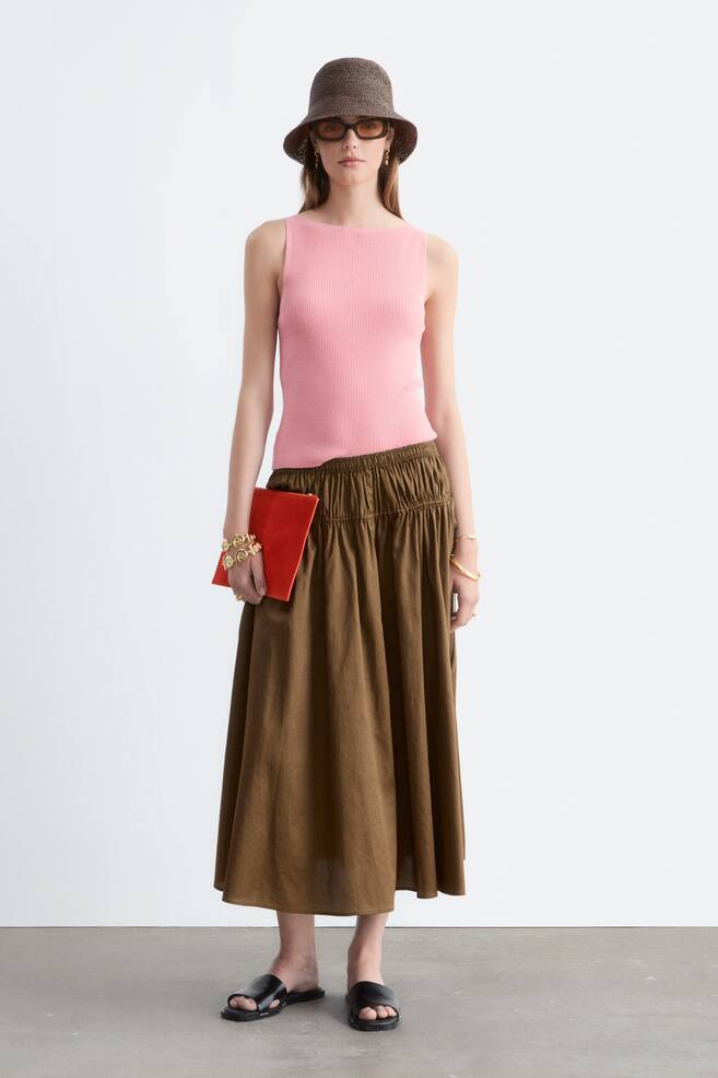 Cotton Drawstring Midi Skirt - Brown/White - 1