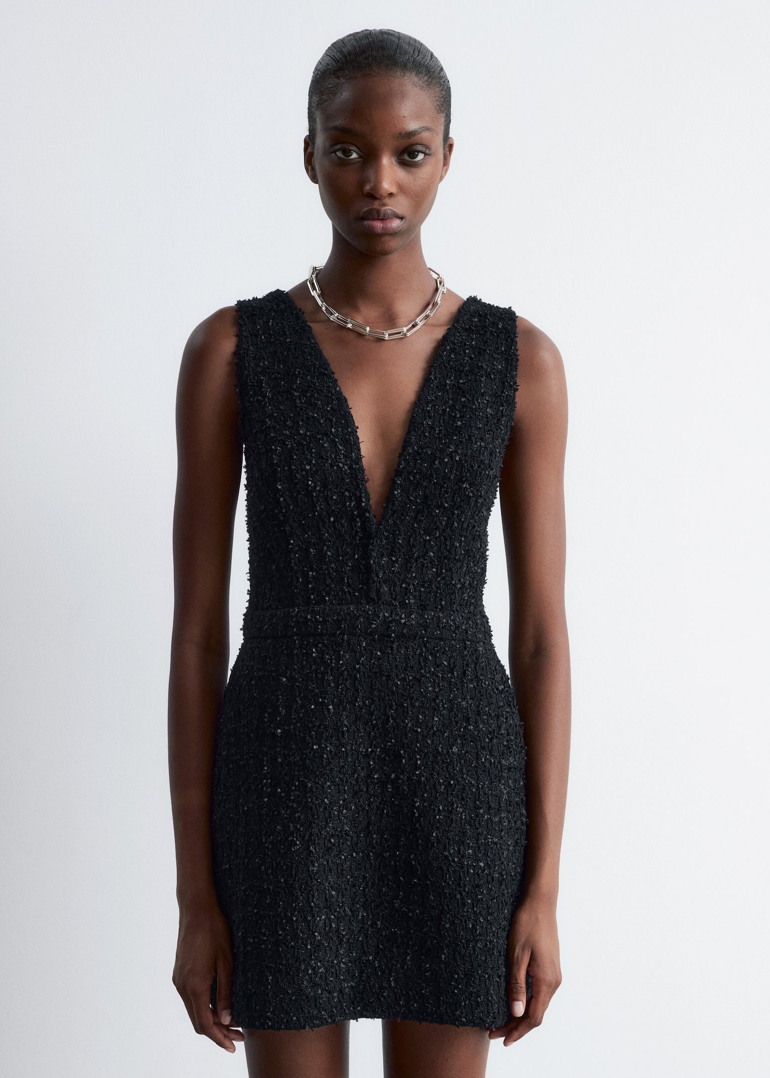 Textured V-Neck Mini Dress - Black