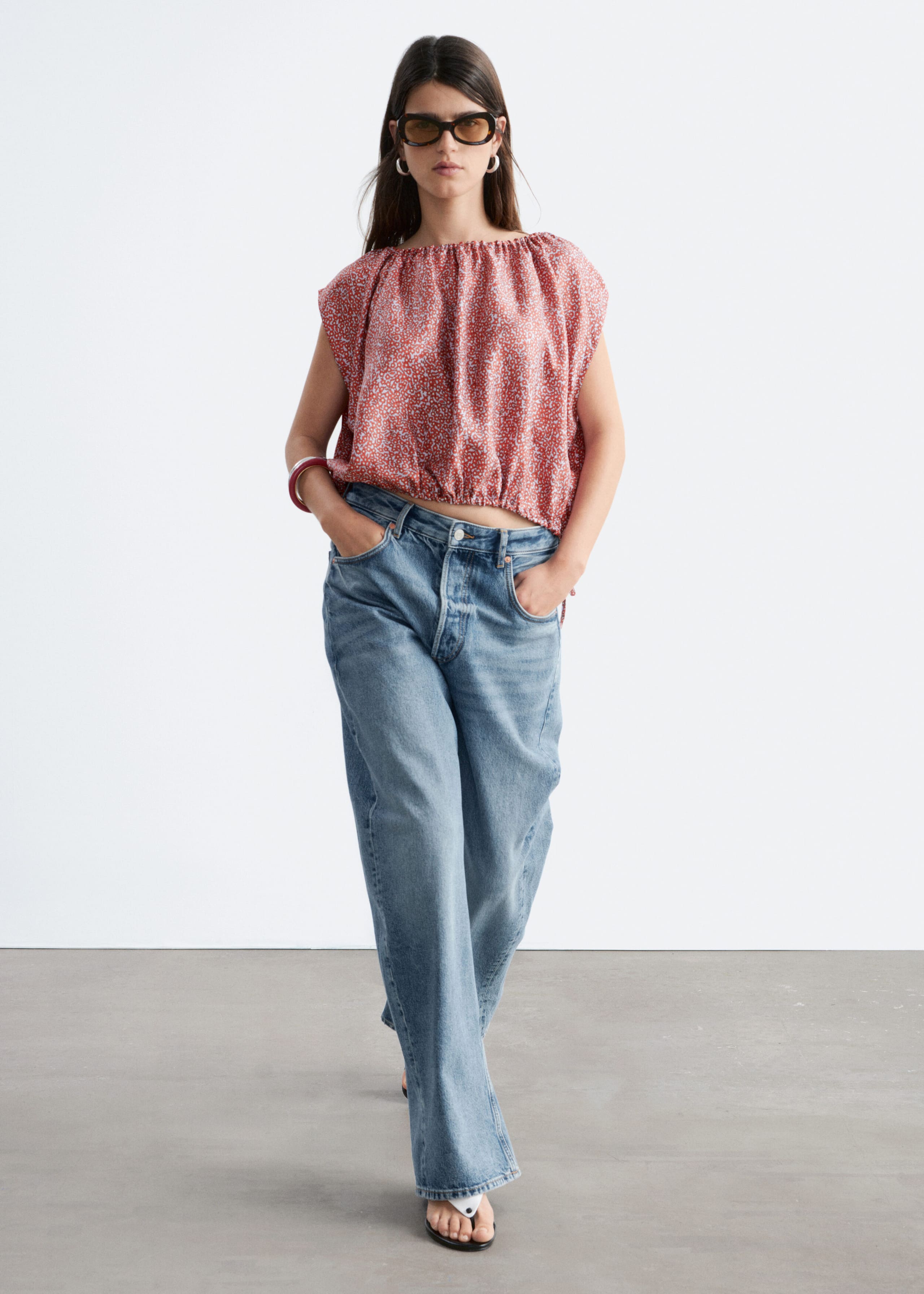 Printed Drawstring Silk Top - Muted Red/Florals - Lookbook