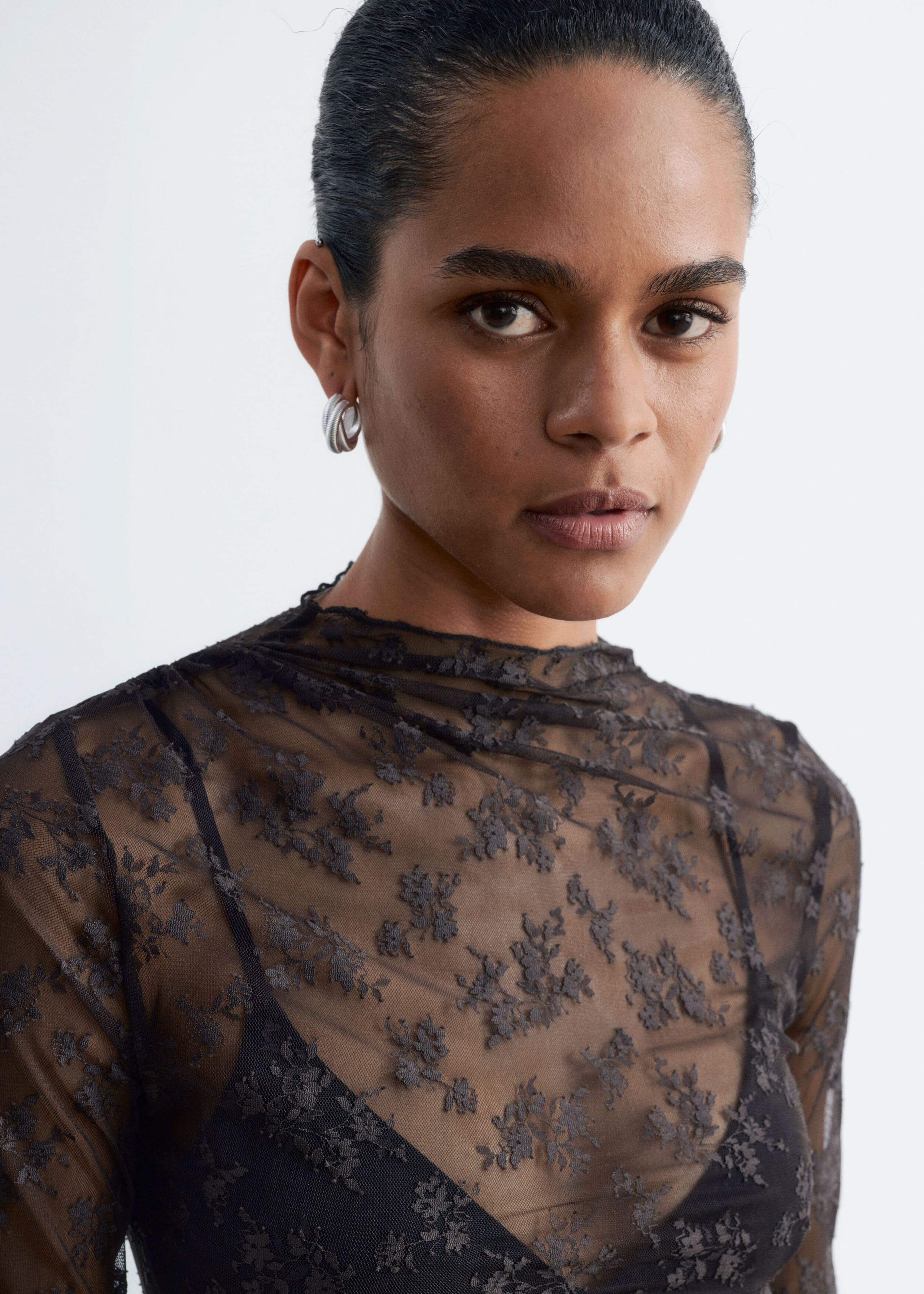 Mock-Neck Lace Top - Dark Red - Lookbook