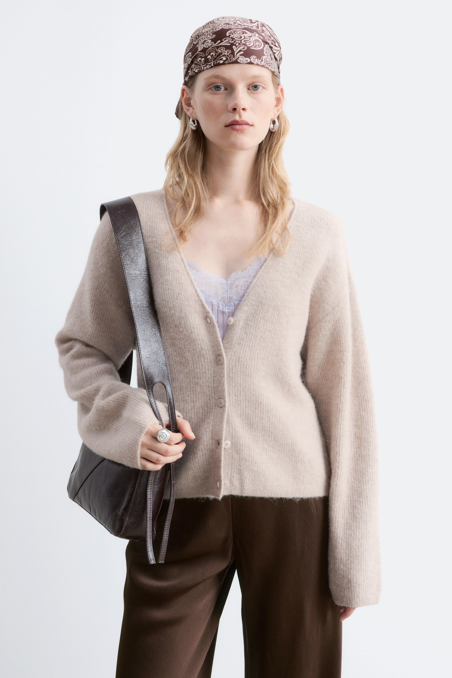 Cardigan in misto alpaca - Beige chiaro/Turchese chiaro - 1