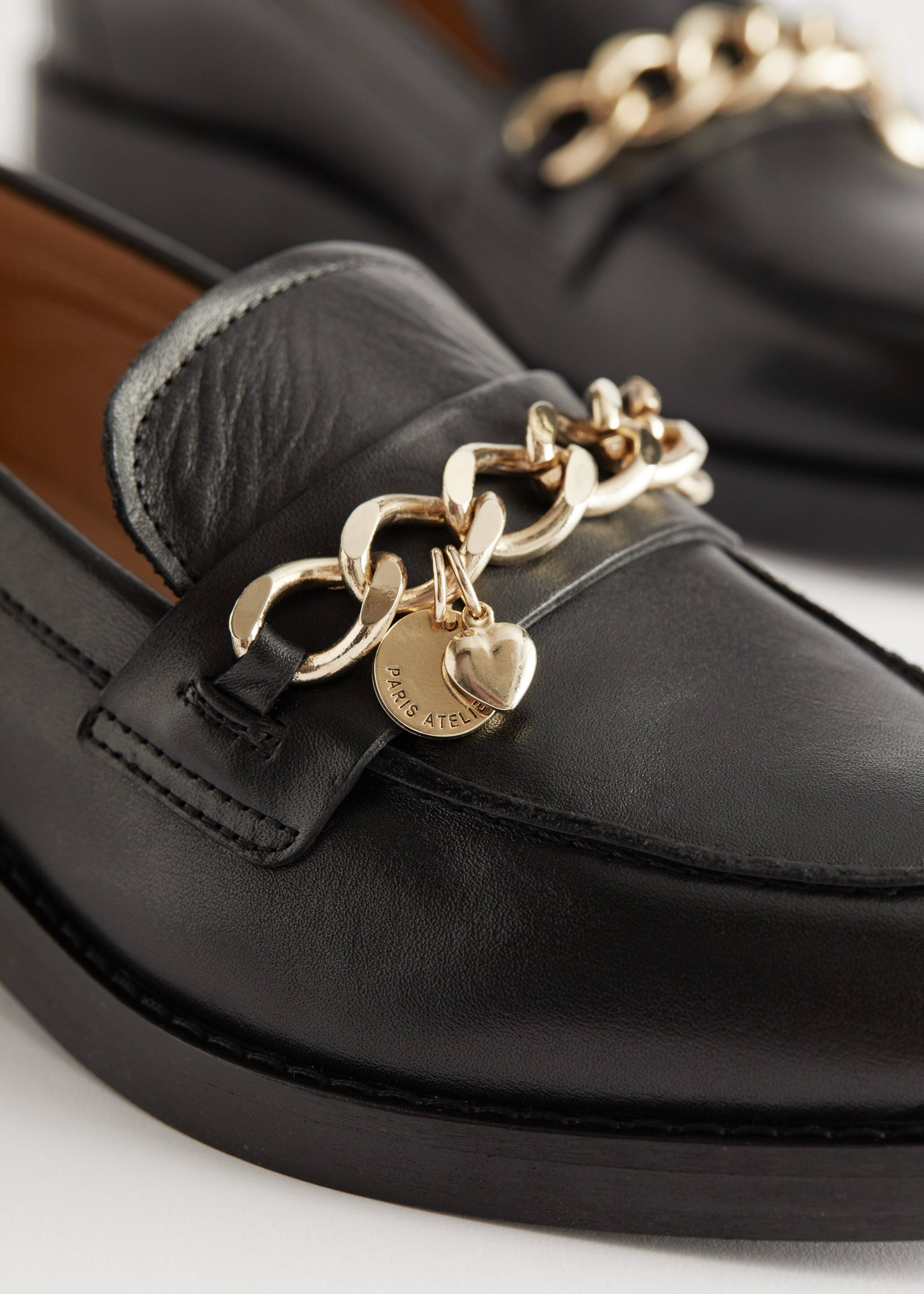 Chain Embellished Leather Loafers - {{variantName}} - Descriptive Detail