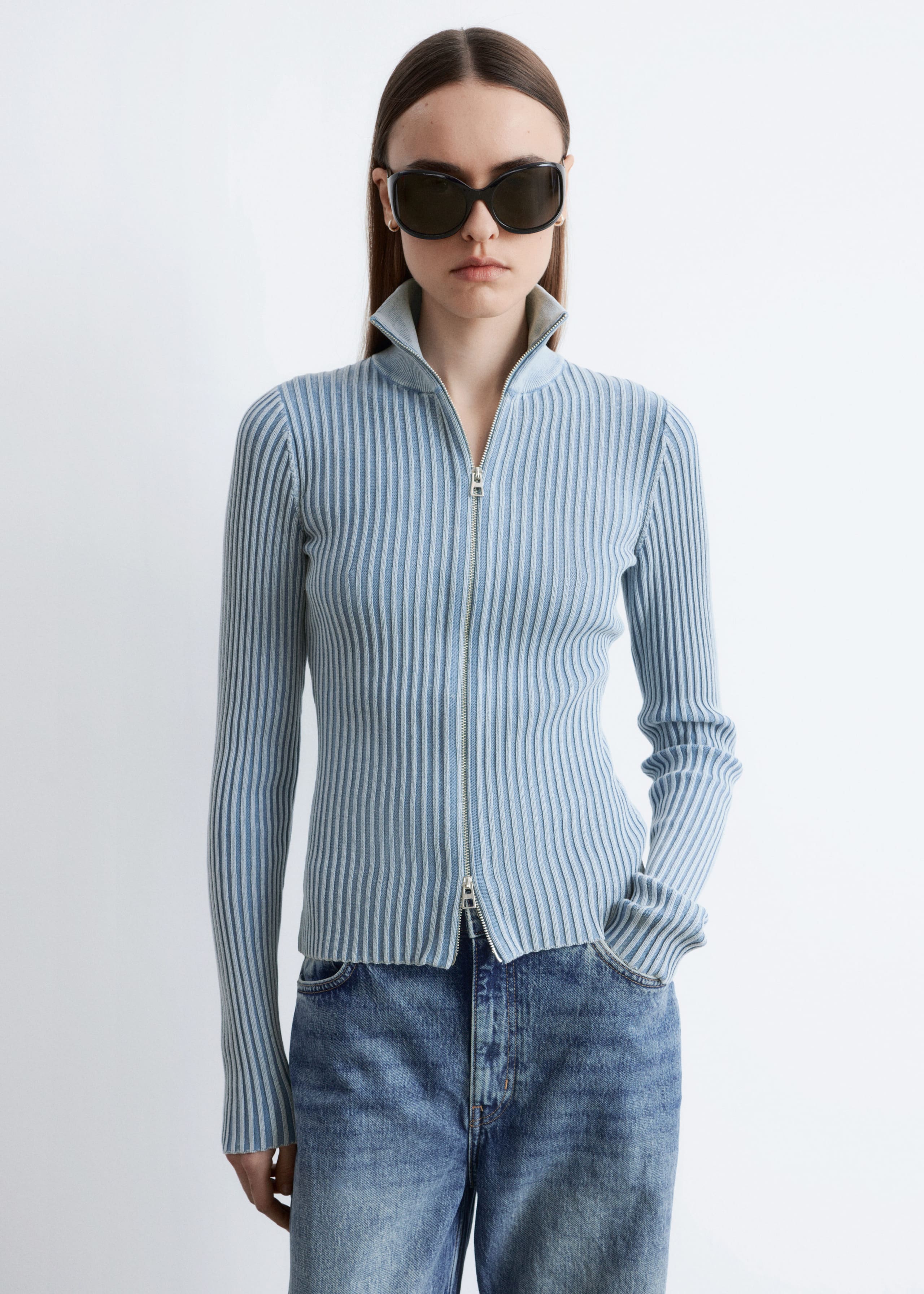 Zip-Up Turtleneck Cardigan - Dusty Blue - Lookbook