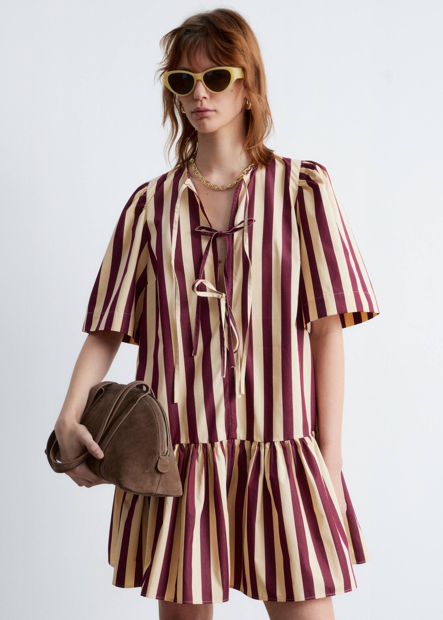 Rochie Mini Peplum - Dungi roșii/galbene/Roz închis/Alb - 5