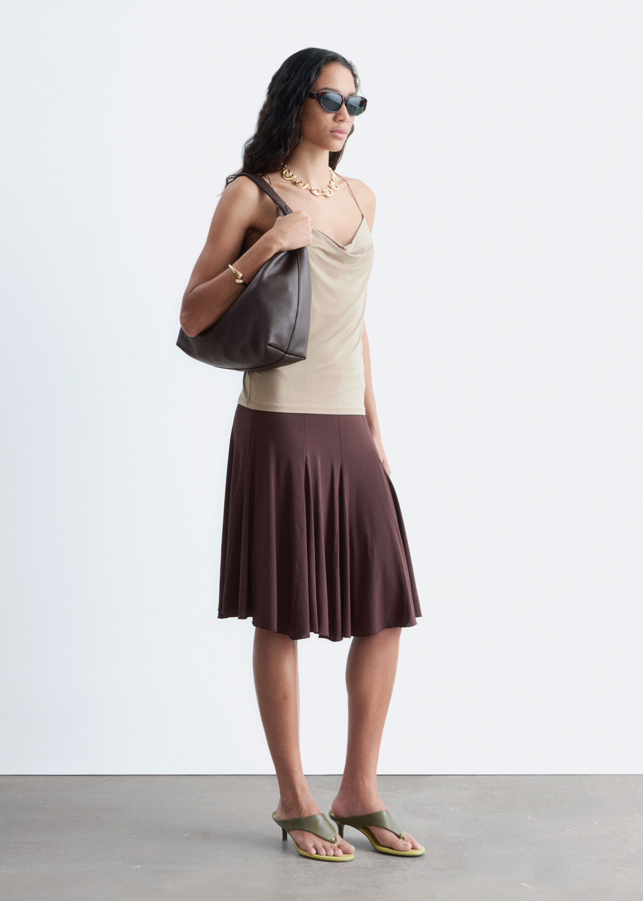 Knee-length A-line Skirt - Dark Brown - Lookbook