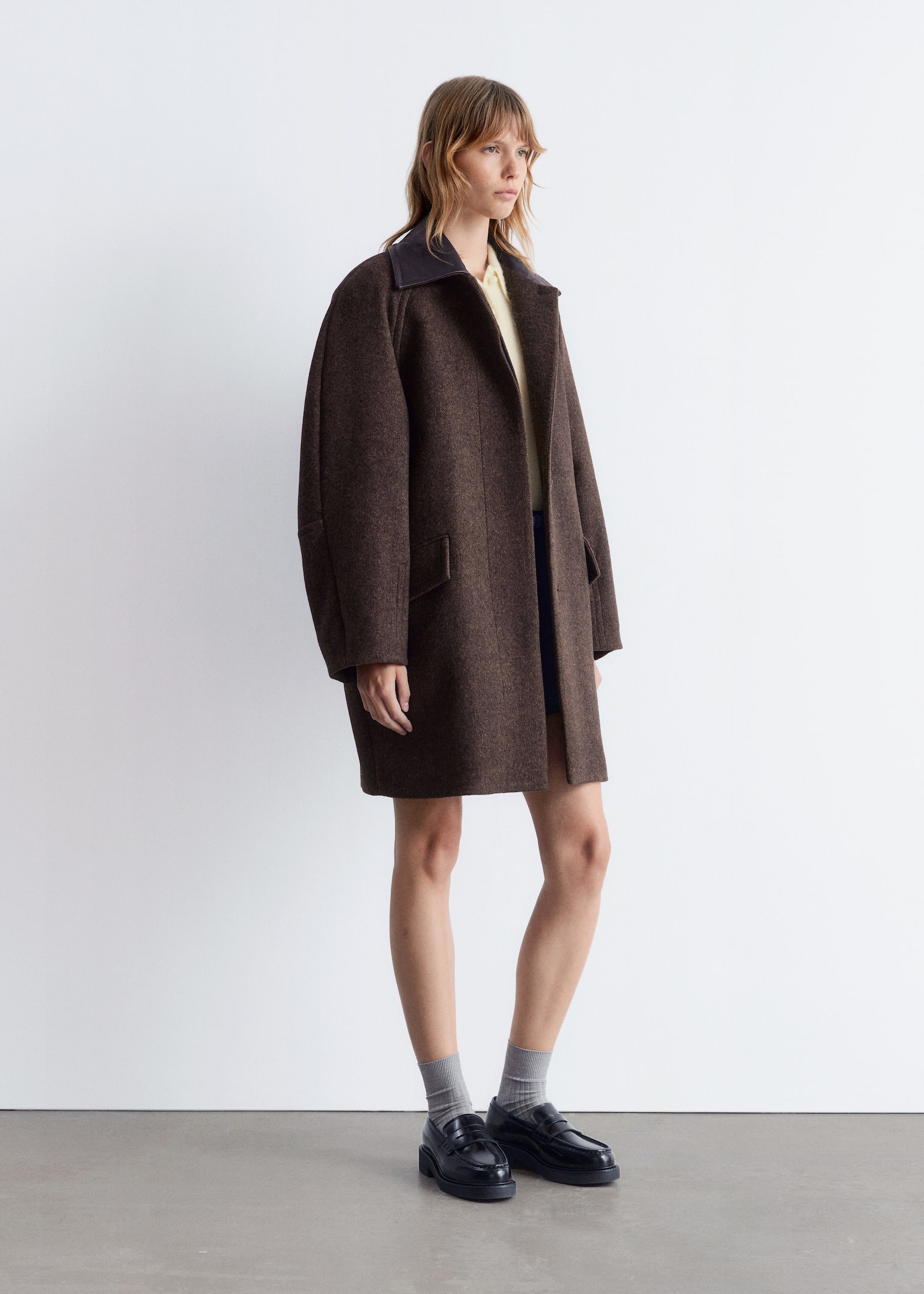Oversized Leather-Collar Wool Coat - Dark Brown