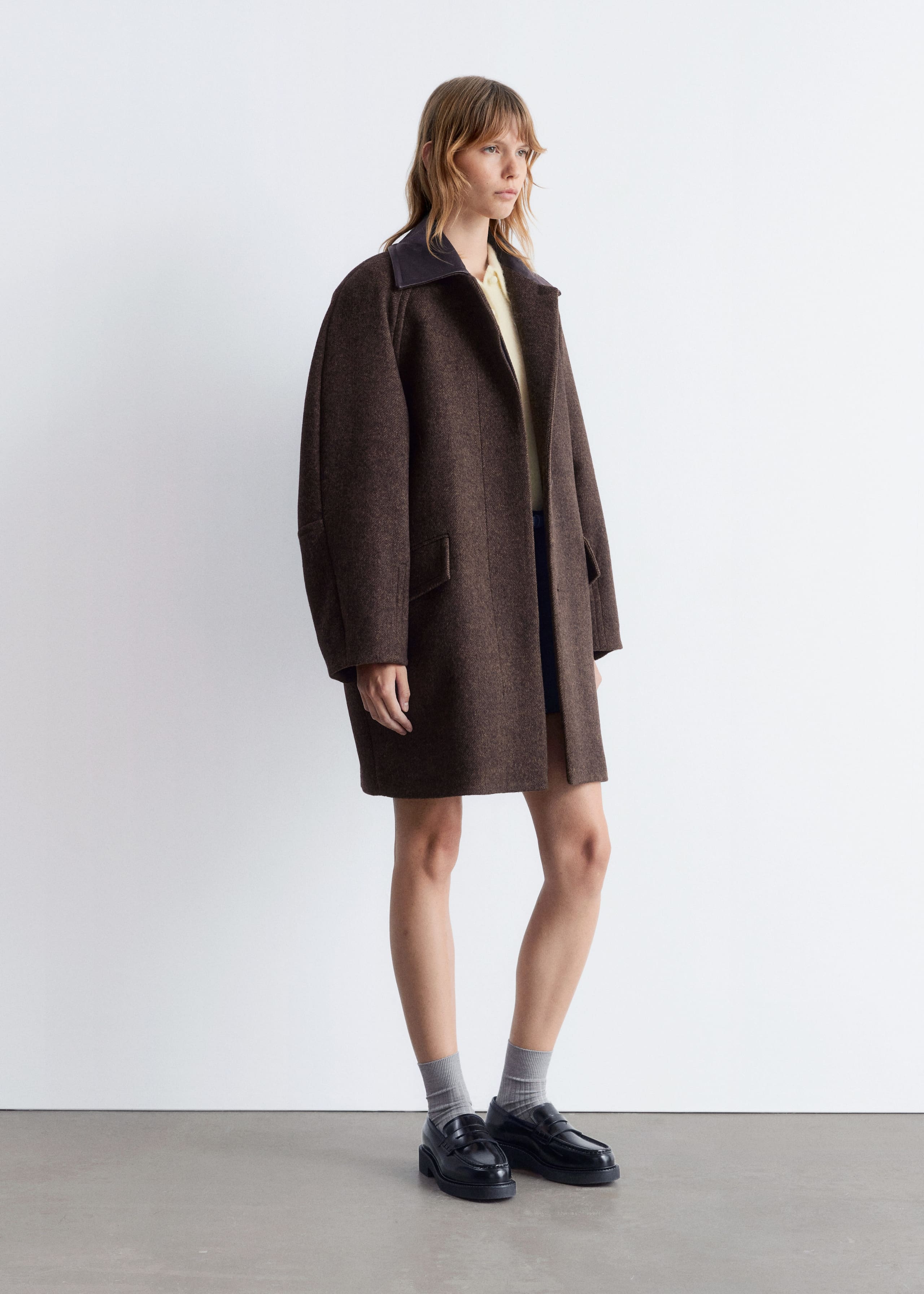 Image of Oversized-Wollmantel mit Lederkragen