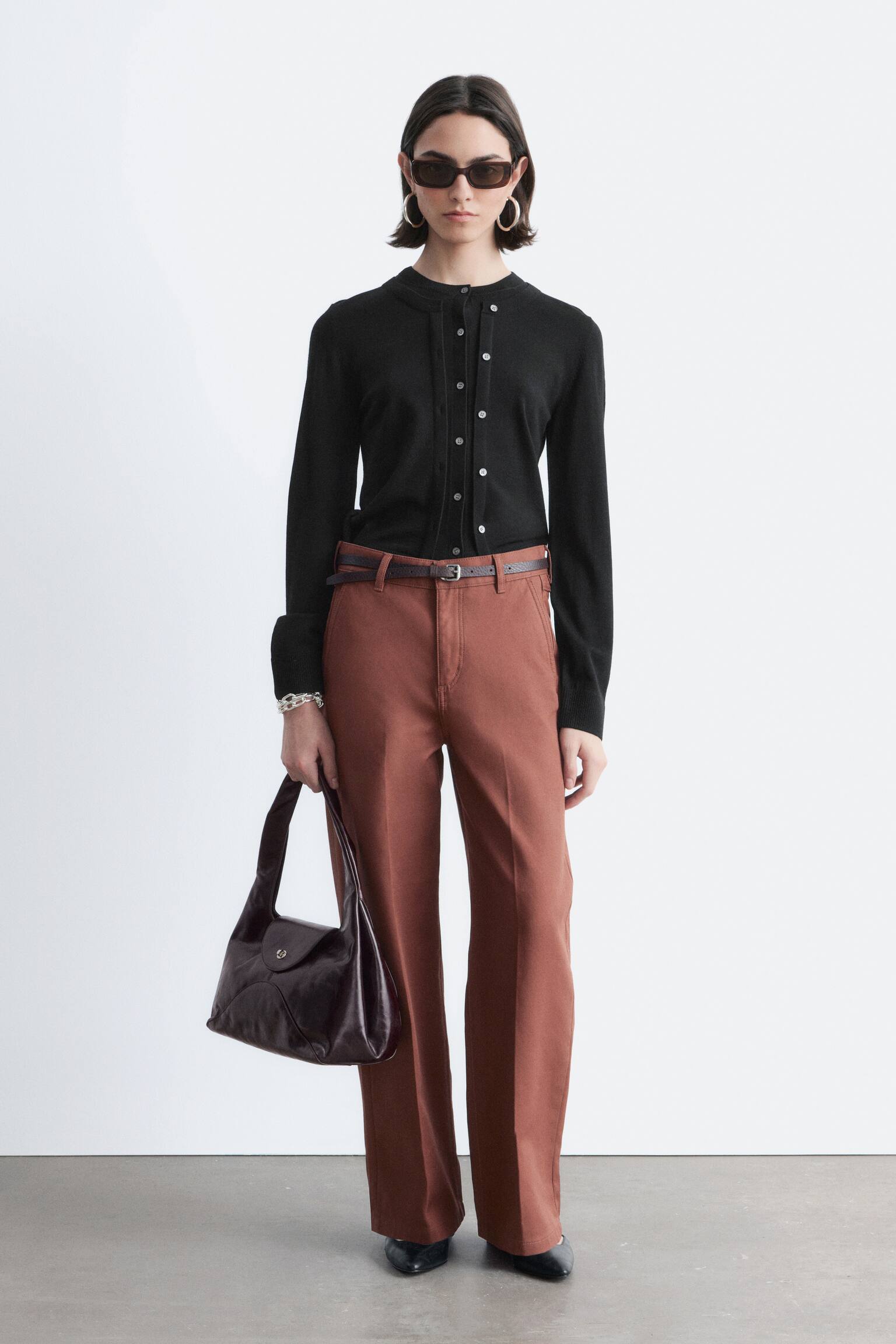 Pantaloni largi din bumbac - Maro Ruginiu/Off-White - 1