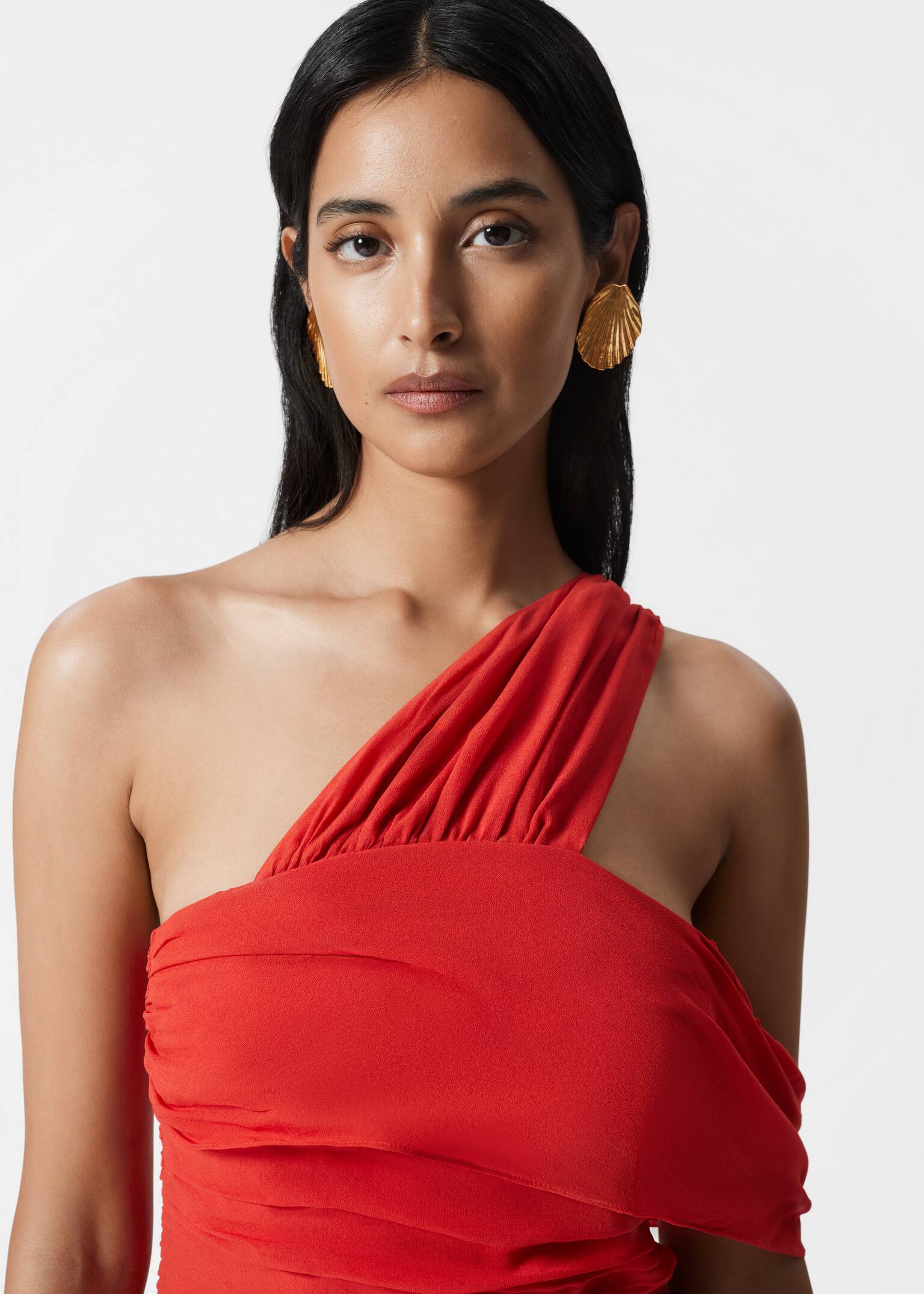 One-Shoulder Chiffon Maxi Dress - Red - 4