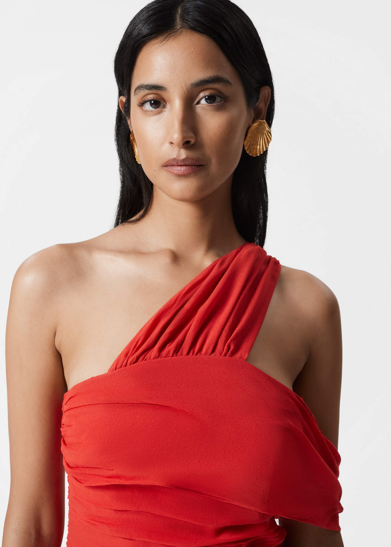 Maxivestido de gasa con un solo hombro - Rojo - 3