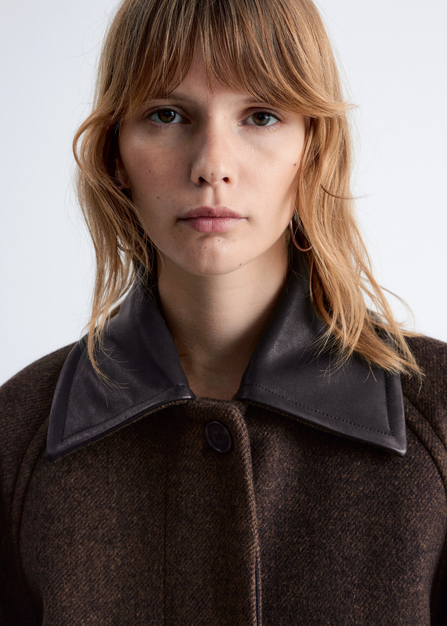 Oversized Leather-Collar Wool Coat - Dark Brown - 3