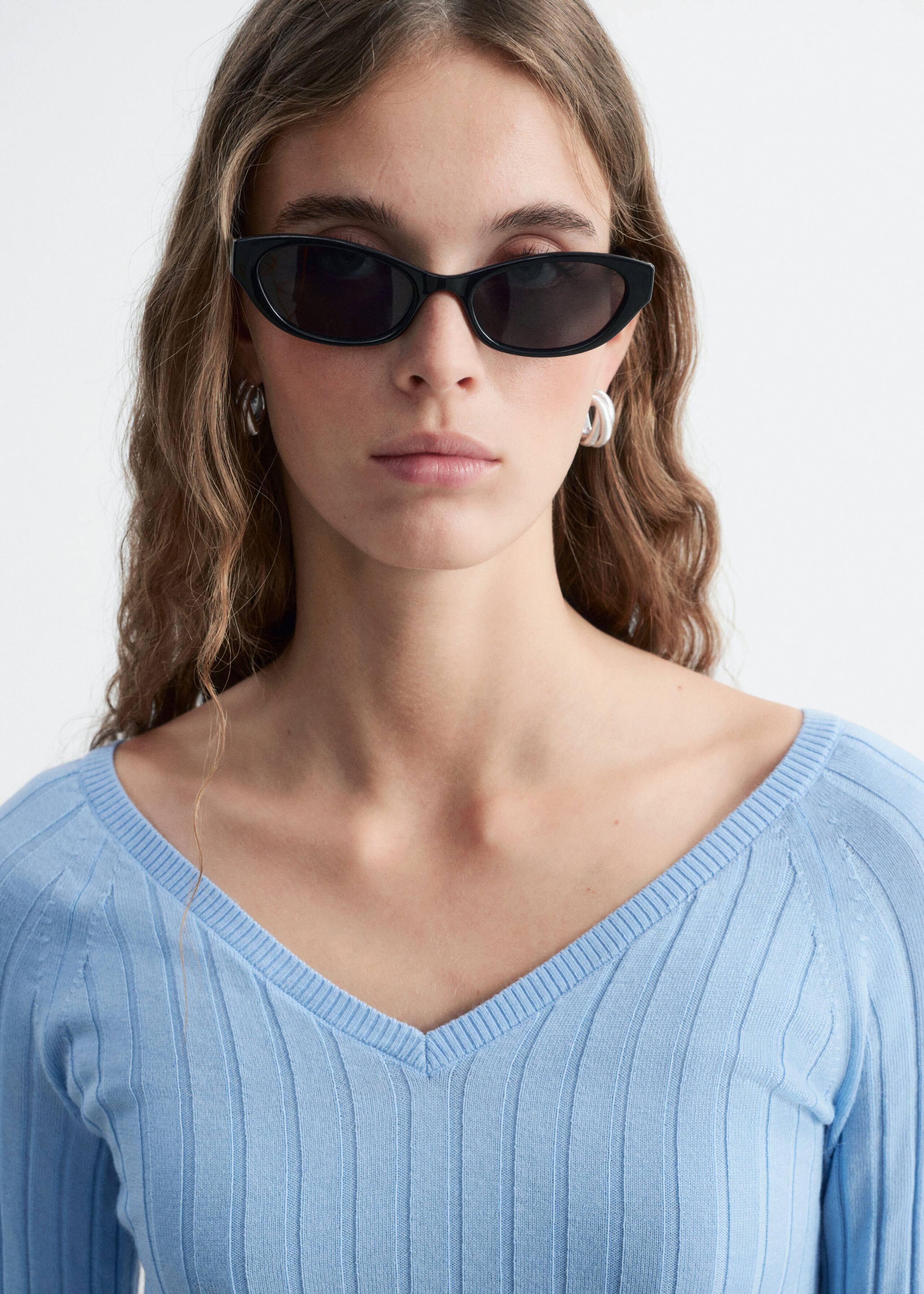 Ribbed Wool V-Neck Top - Light Blue - Lookbook