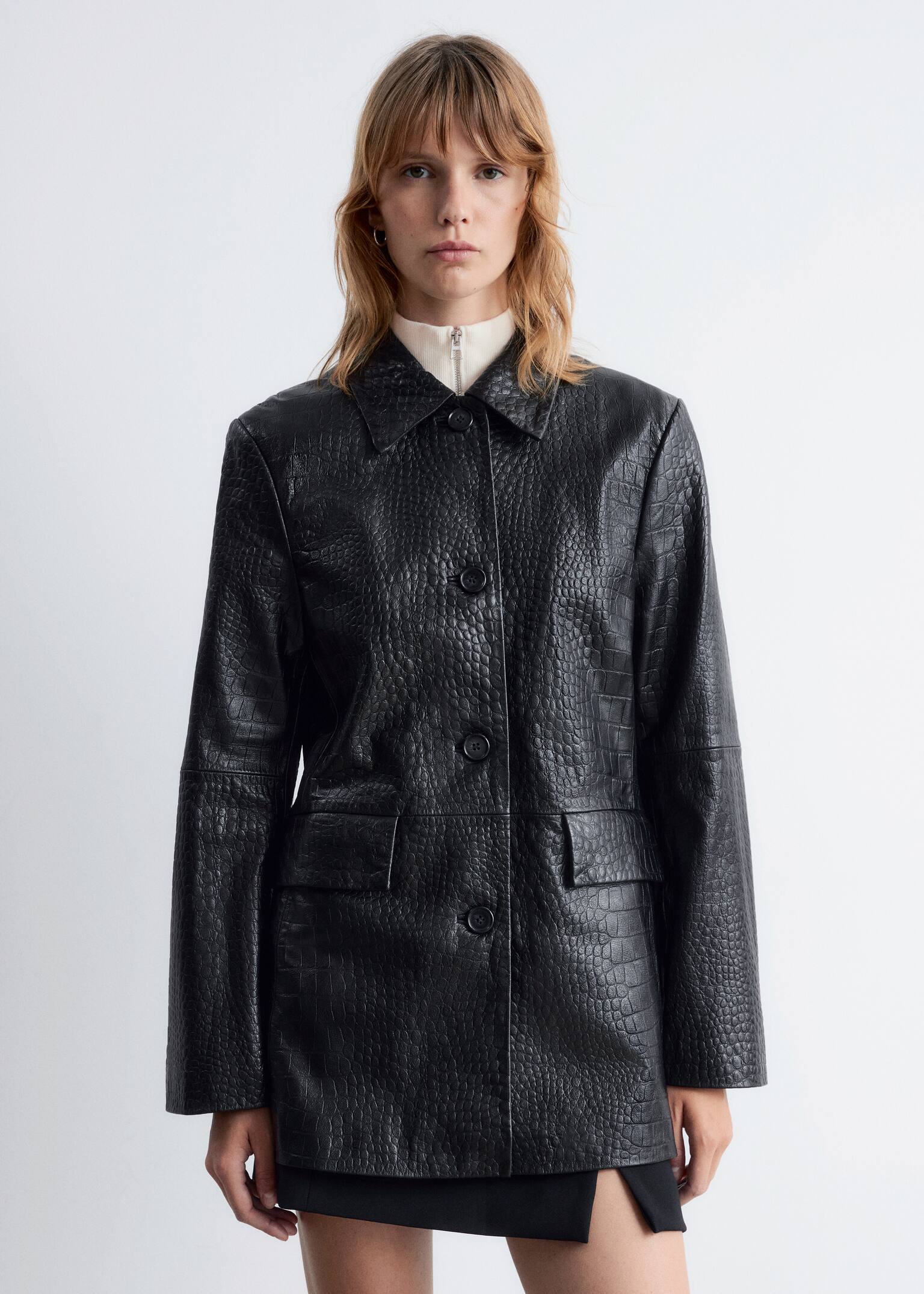 Giacca in pelle - Effetto coccodrillo nero - 3