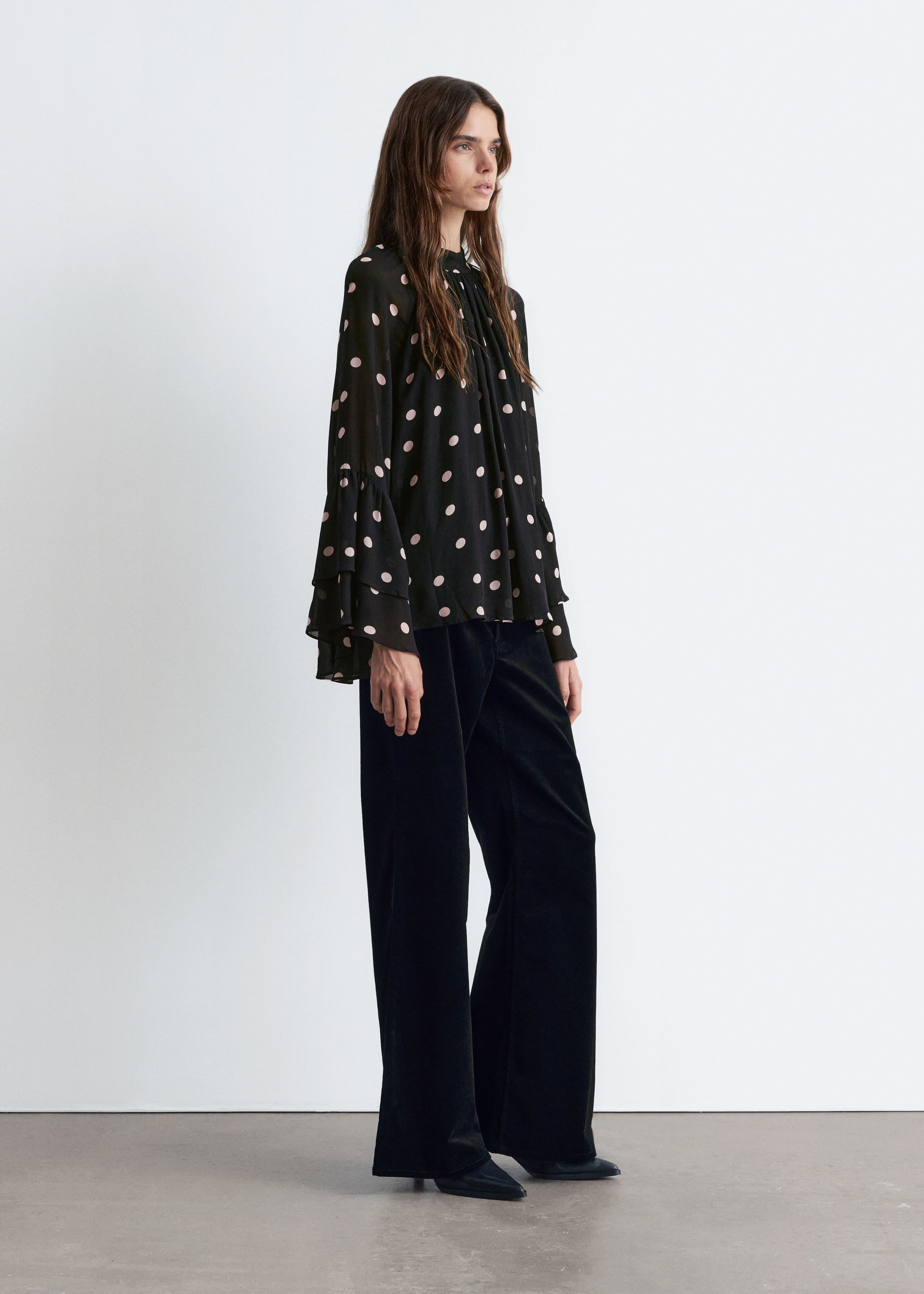 Flounced Stand-Collar Blouse - Light Blue - Lookbook