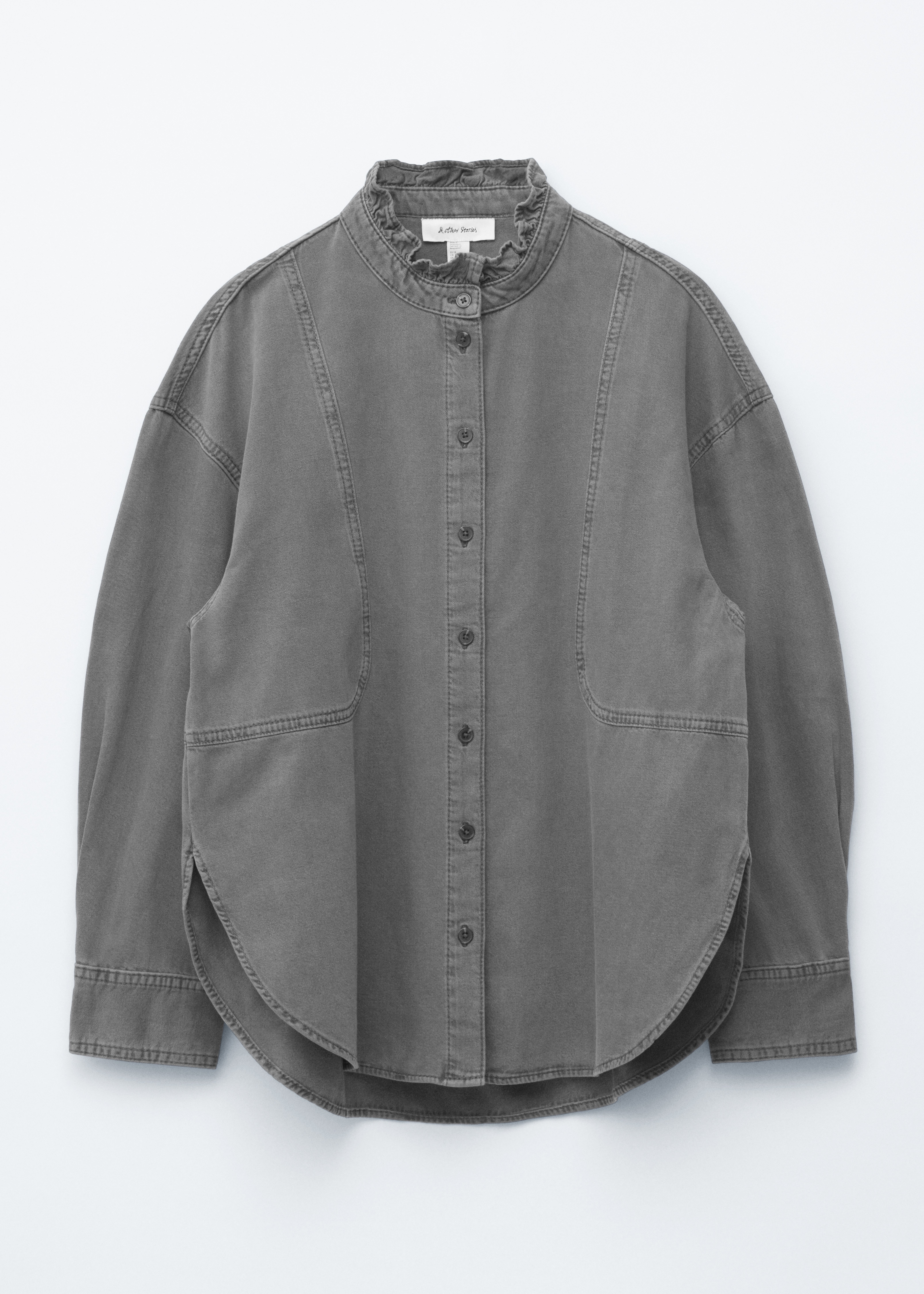 Camicetta in denim con gala lungo il collo - Grigio